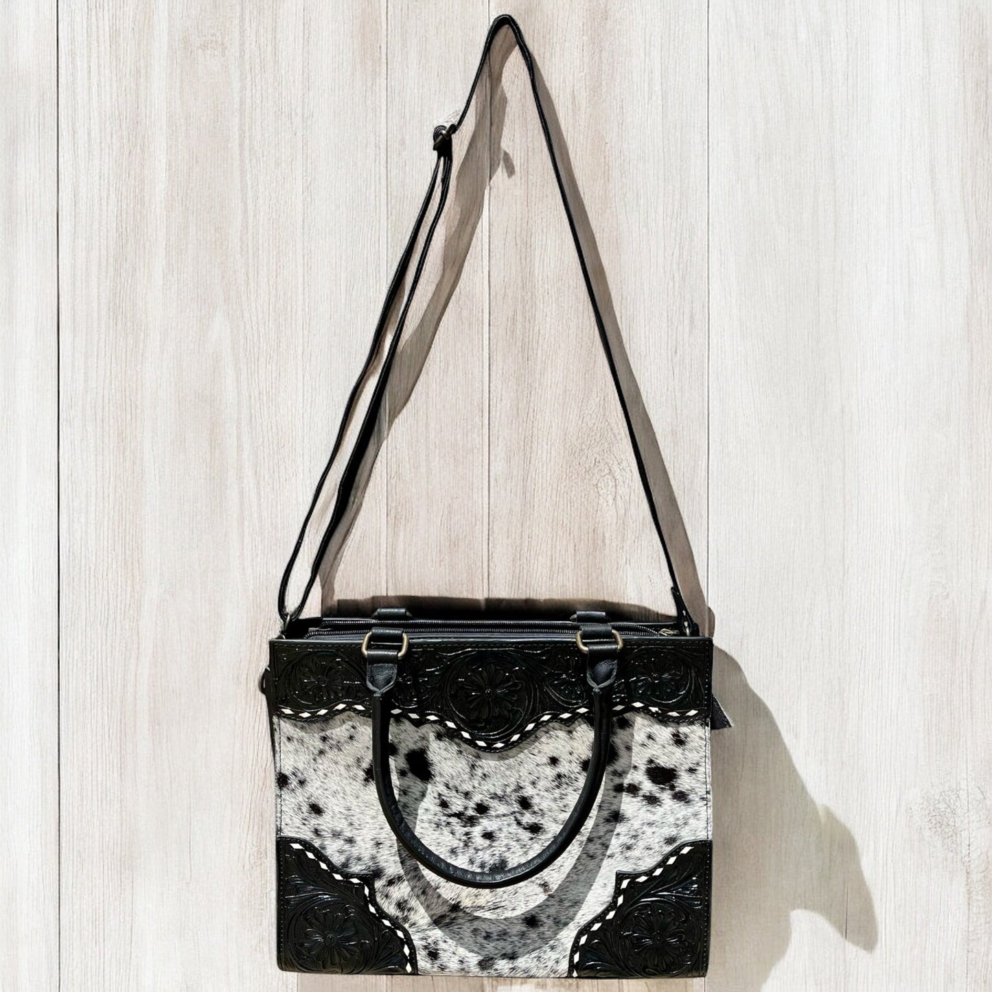 Black cowhide & tooled leather Crossbody purse