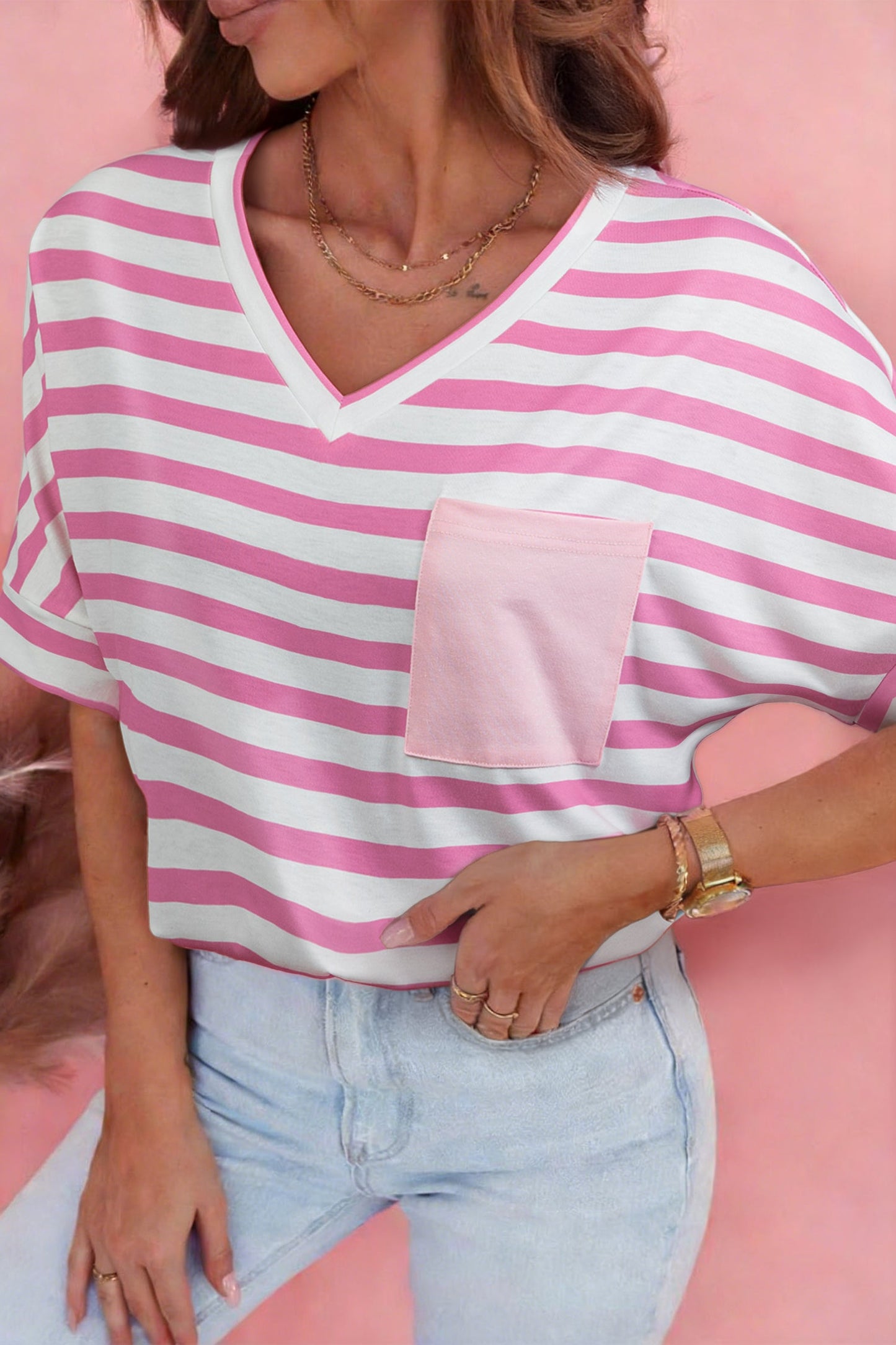 Stripe V-Neck Patch Pocket T-Shirt