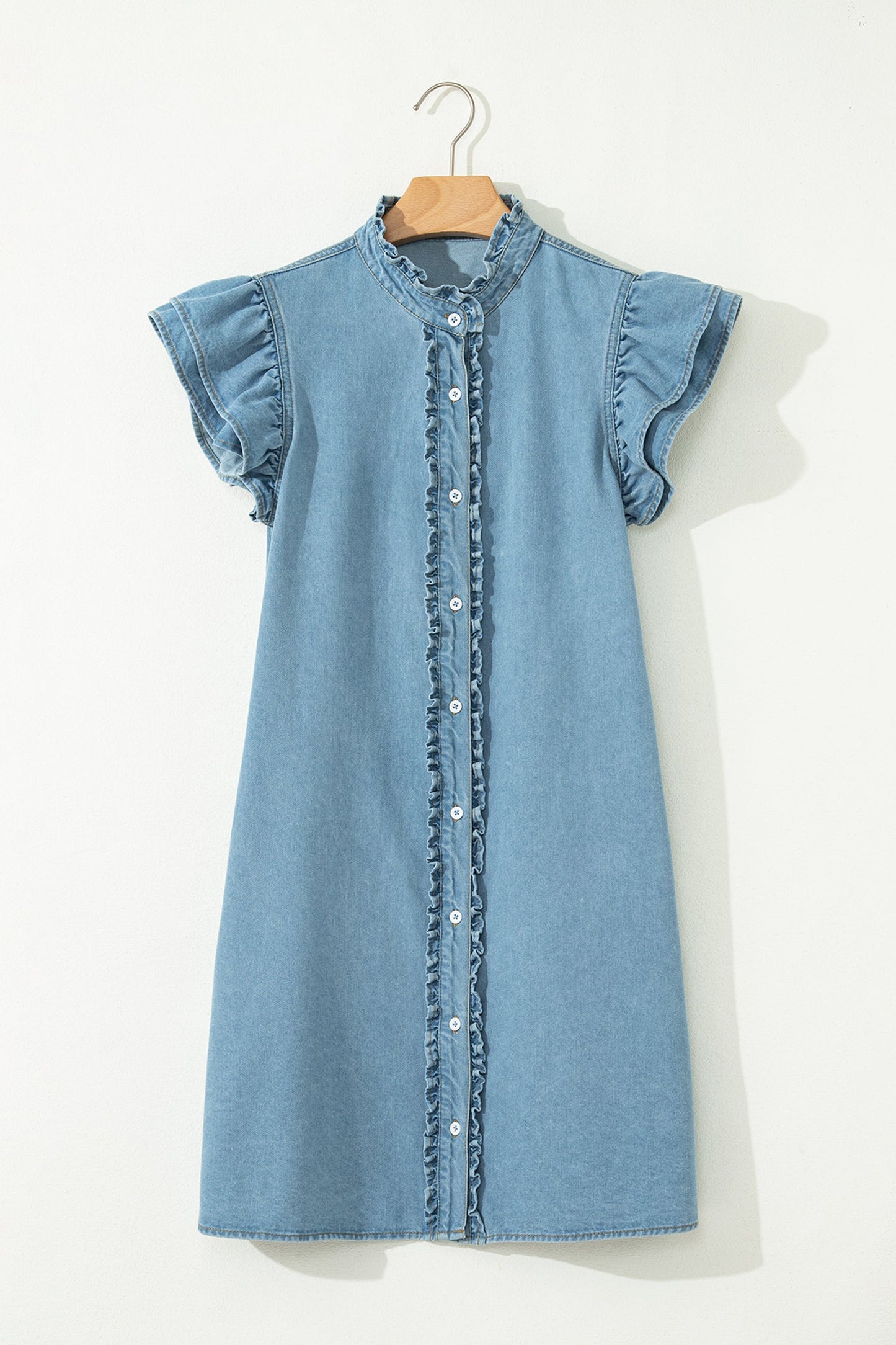 Frilled Button Down Ruffle Sleeve Denim Mini Dress
