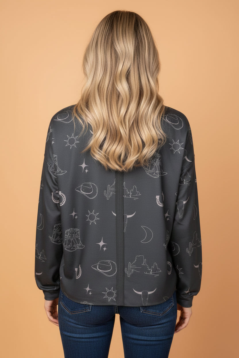 Western Crew Neck Long Sleeve Sweatshirt