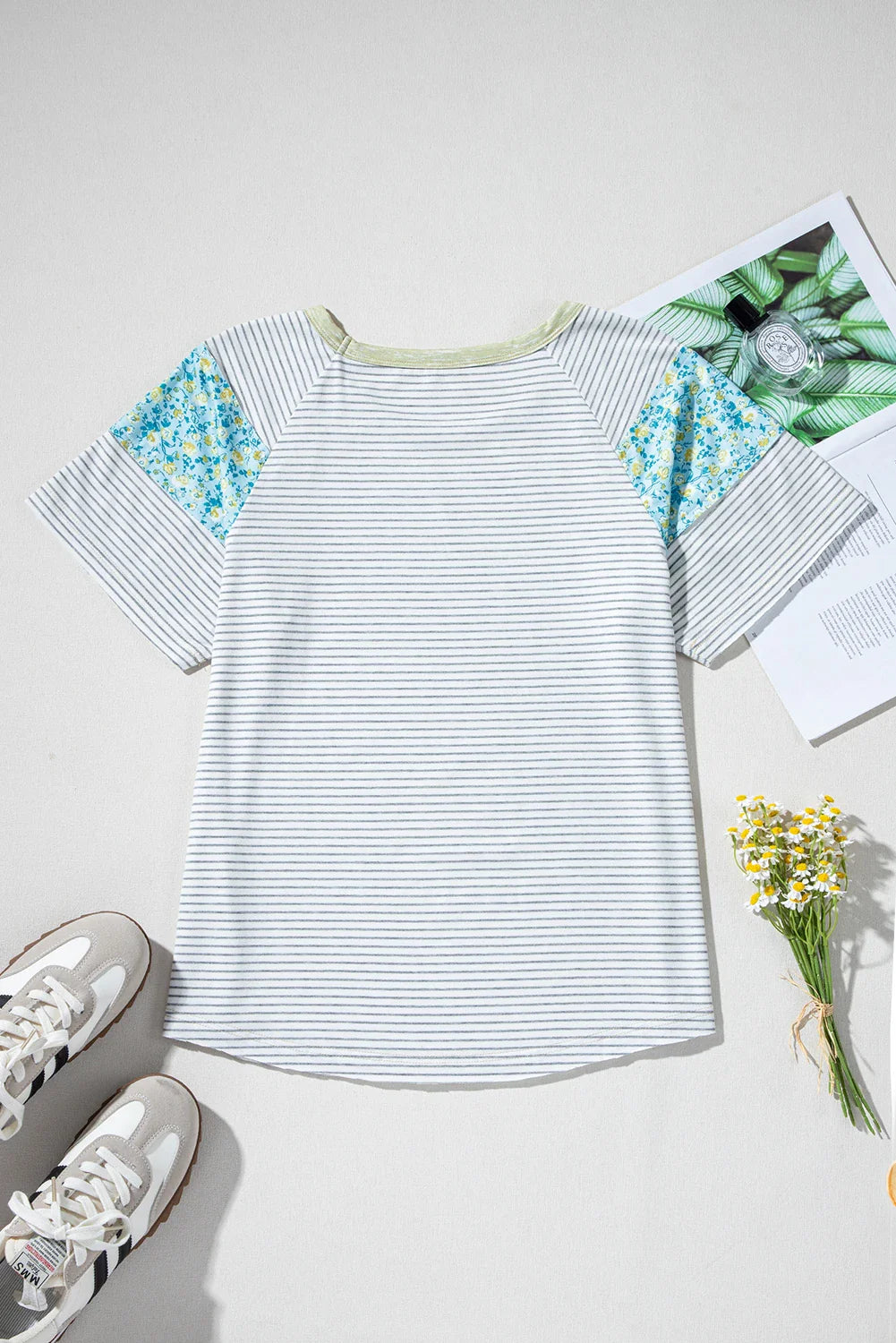 Floral Contrast Stripe Insert Sleeve Round Neck Tee