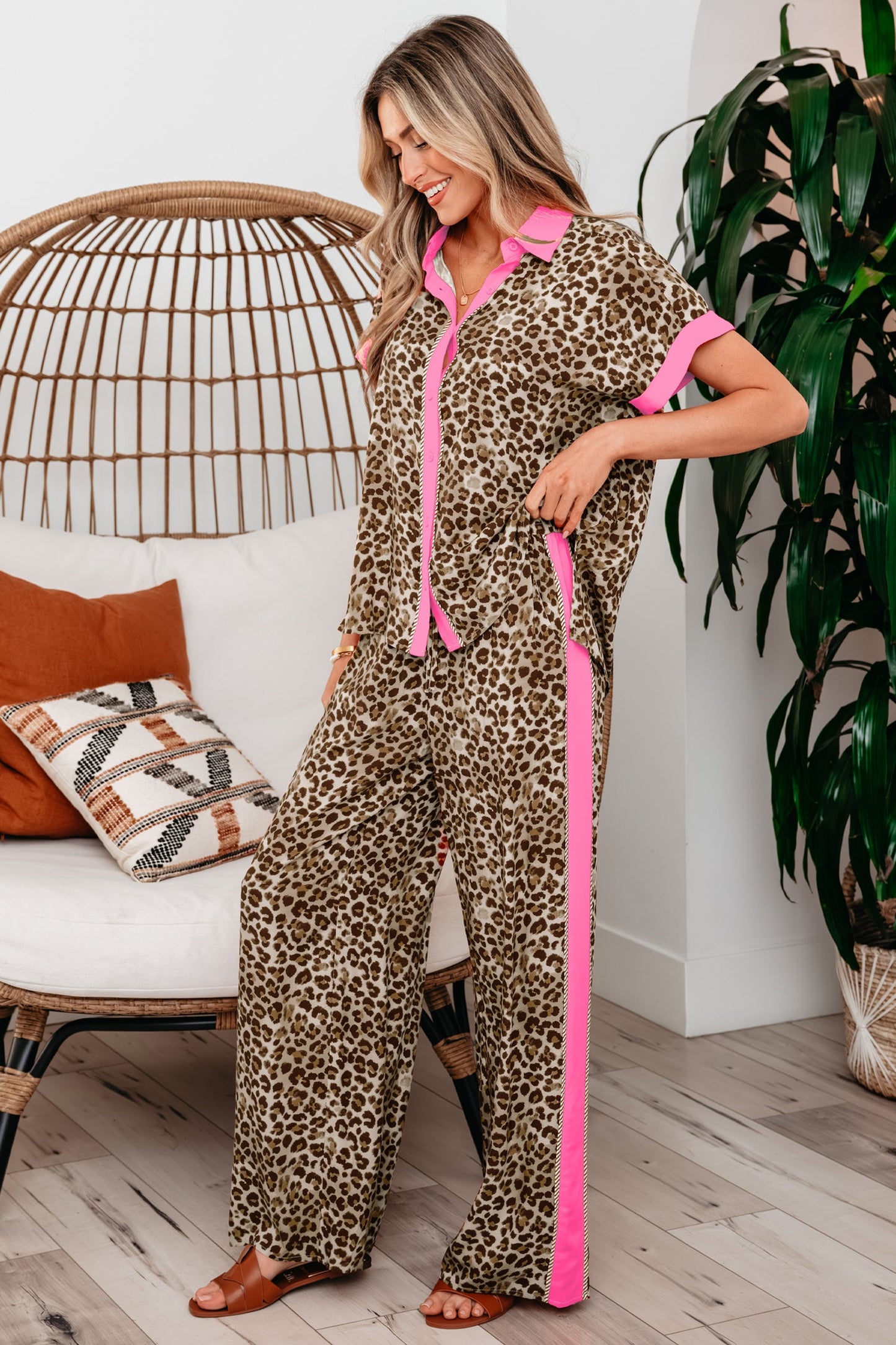 Leopard Contrast Trim Top and Pant Set