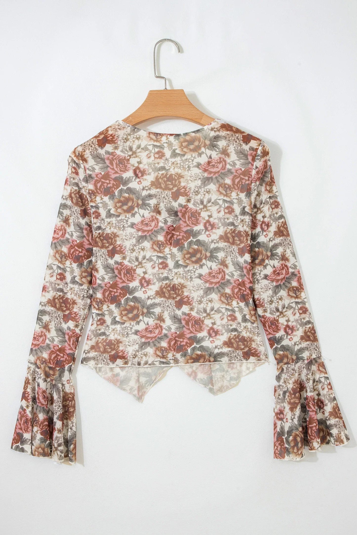 Floral Stitch Tie V-Neck Bell Sleeve Blouse