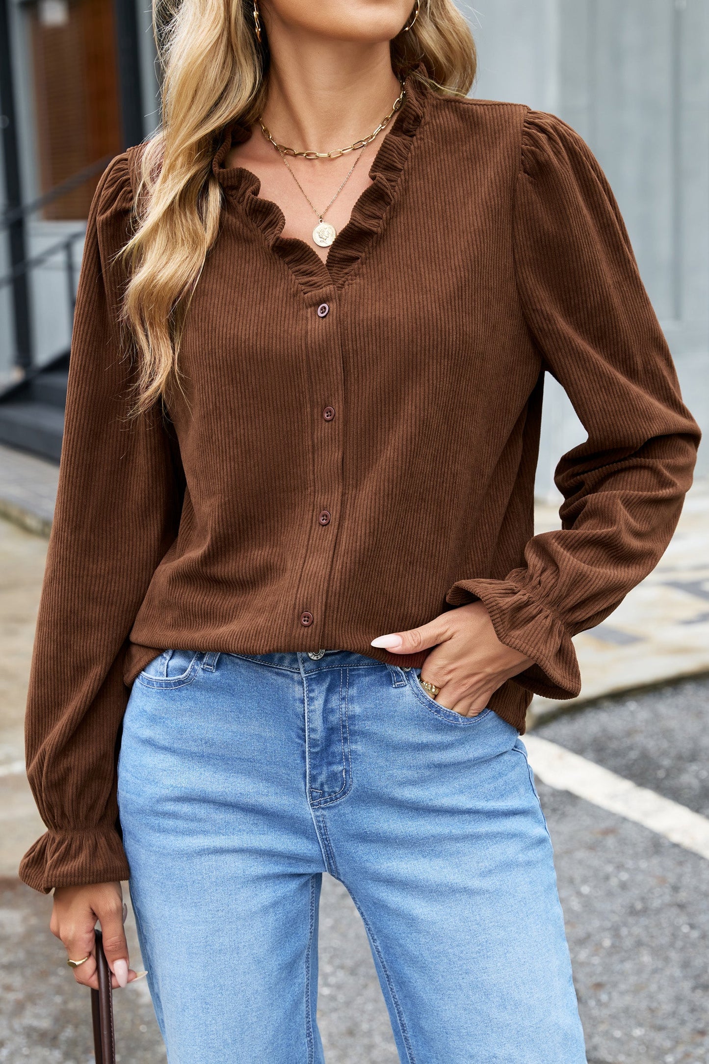 Solid Ruffle Trim V-Neck Long Sleeve Corduroy Shacket