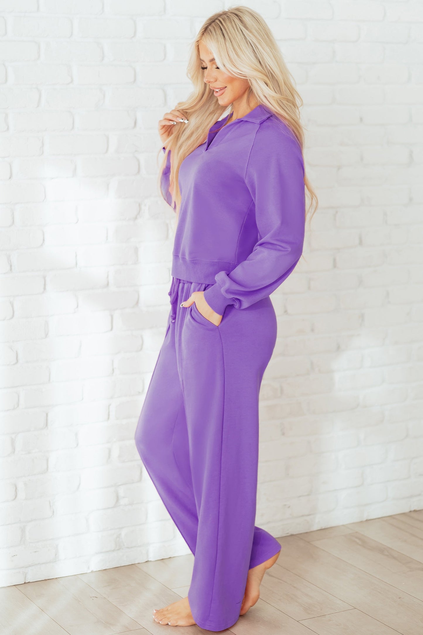 Solid Collared Top and Central Seam Pants Set