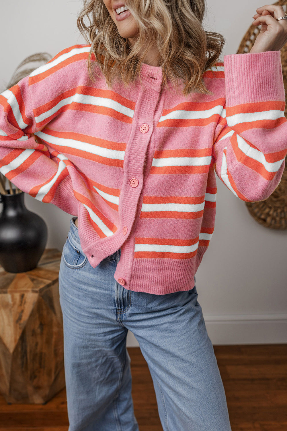 Stripe Drop Shoulder Buttoned Cardigan Sweater