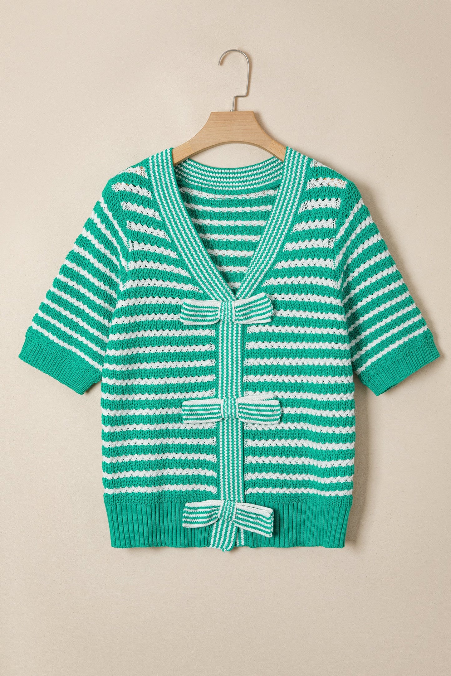 Stripe Bow Tie V-Neck Short Sleeve Sweater