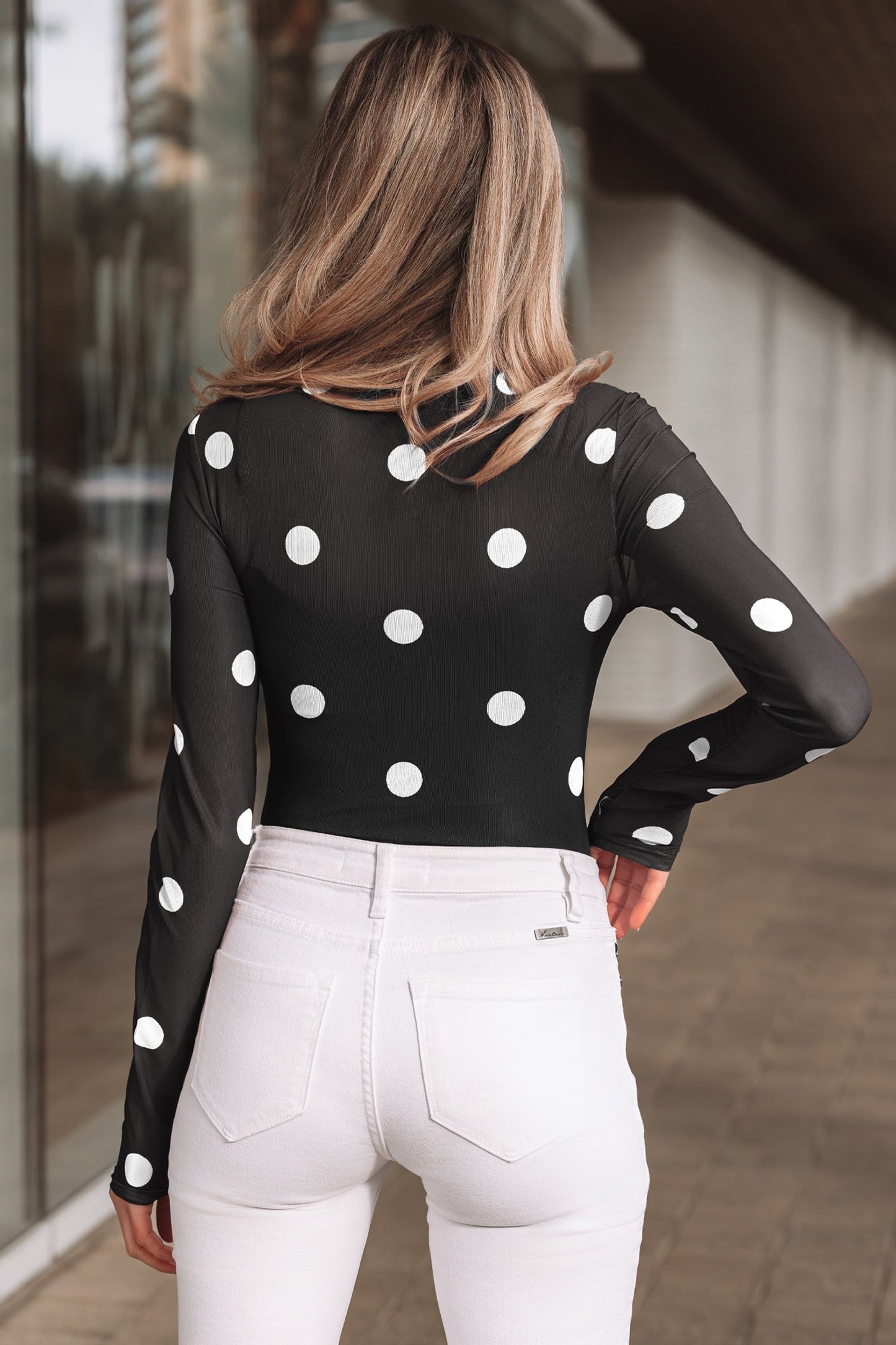 Polka Dot Mesh Long Sleeve Bodysuit