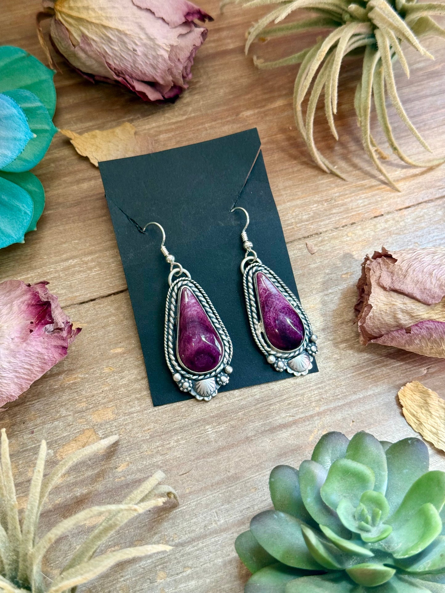 56 -  Sterling Silver Purple Spiny Oyster Dangle Earrings by Shay Pfeiffer