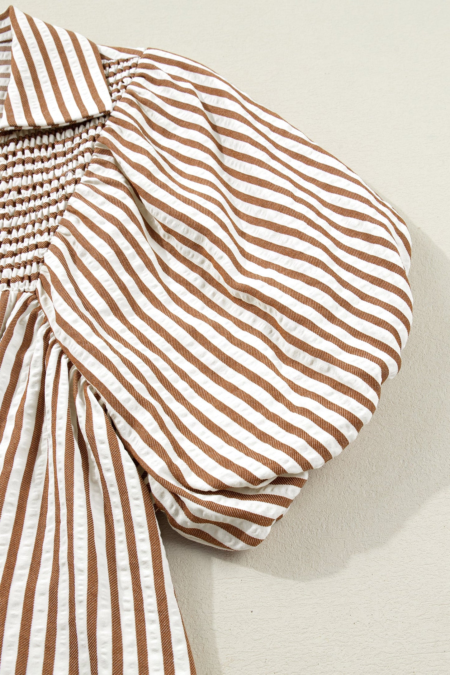 Stripe Shirred V-Neck Short Puff Sleeve Blouse