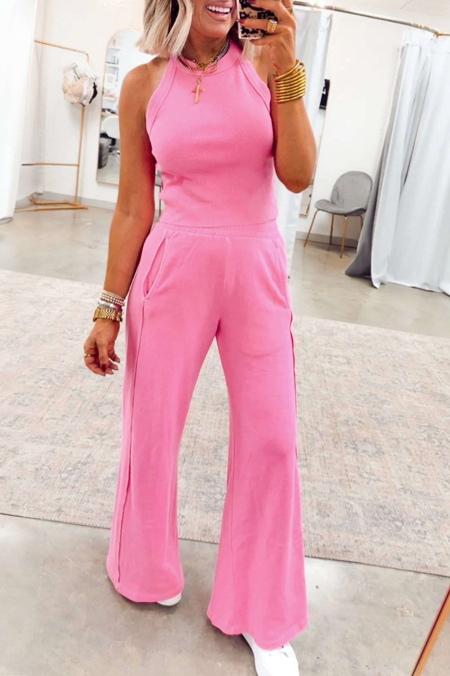 Solid Ribbed Tank Top & Sweatpants Set