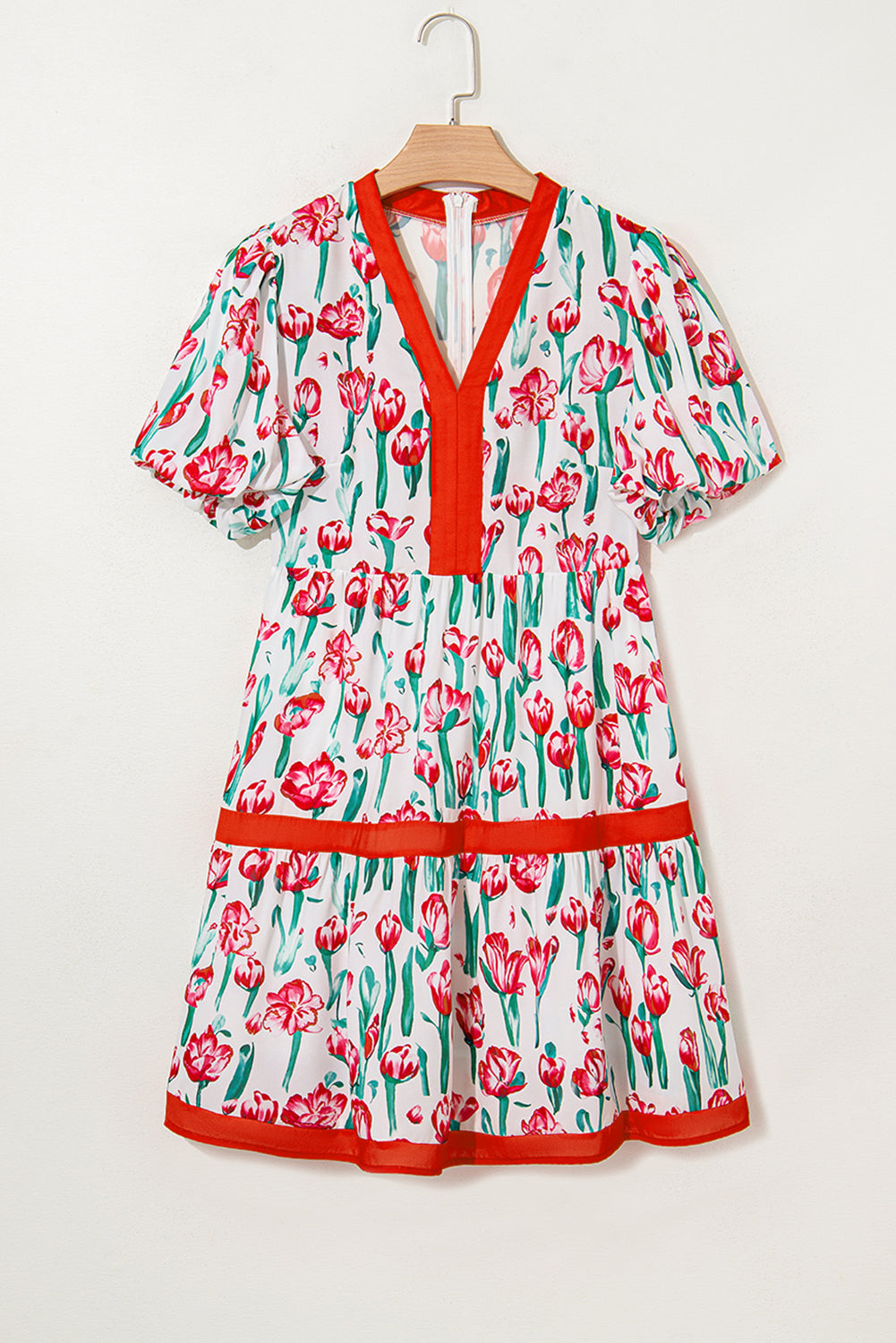 Floral Contrast Trim V-Neck Babydoll Dress