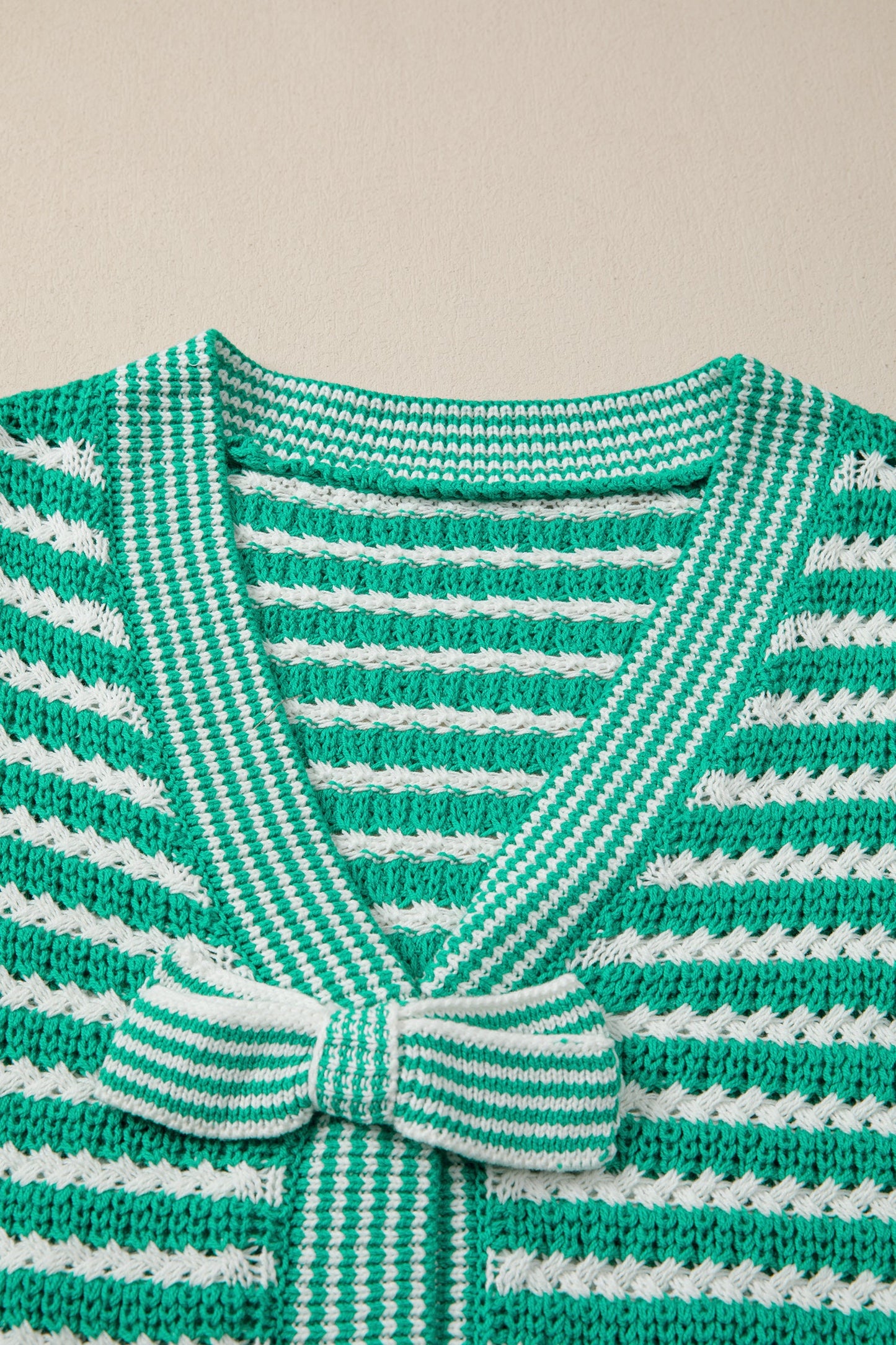 Stripe Bow Tie V-Neck Short Sleeve Sweater