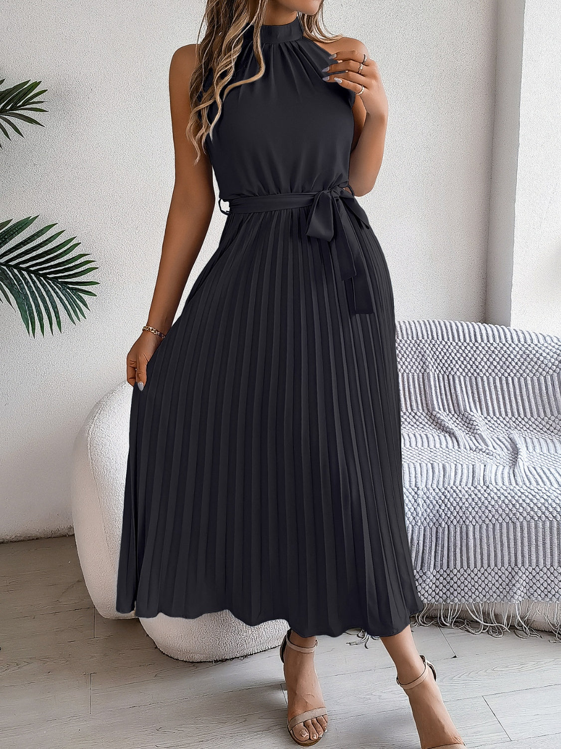 Pleated Tie Waist Sleeveless Midi Dress