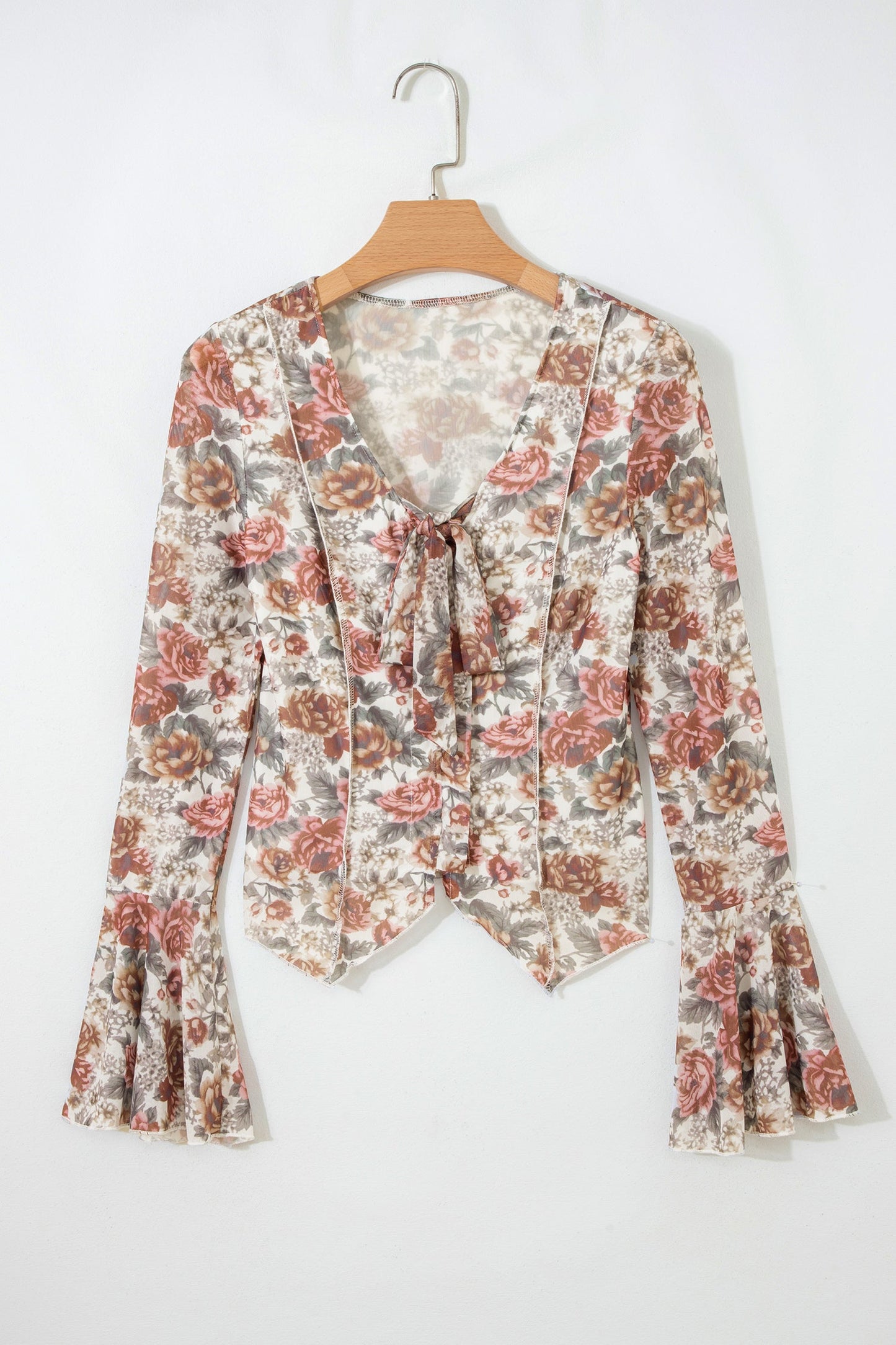 Floral Stitch Tie V-Neck Bell Sleeve Blouse