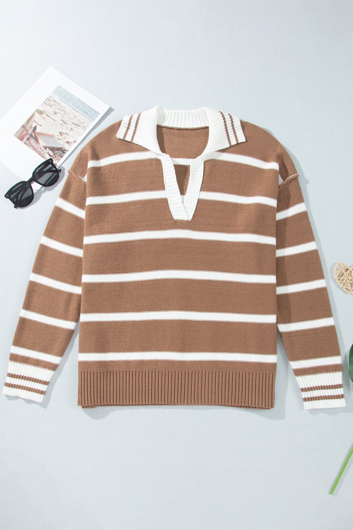 Plus Size Stripe Collared V-Neck Exposed Seam Sweater
