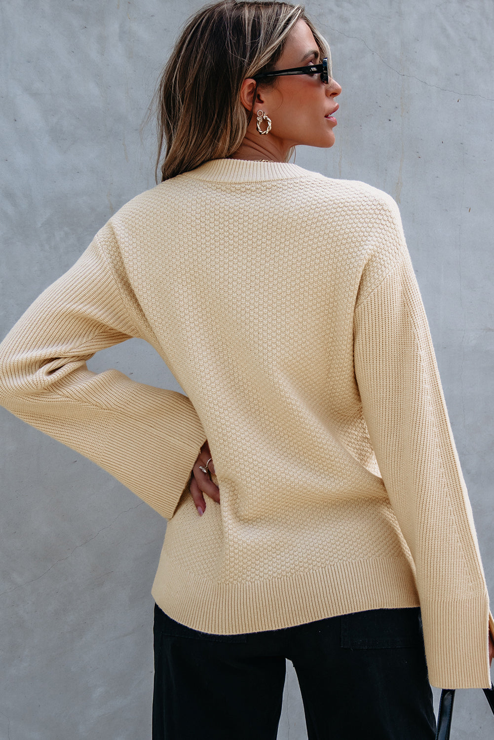 Solid Textured Knit Split Cuff Drop Shoulder Sweater