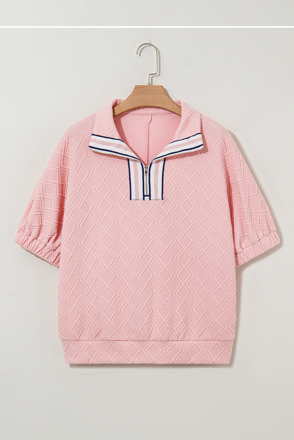 Contrast Stripe Collar Textured Short Sleeve Blouse