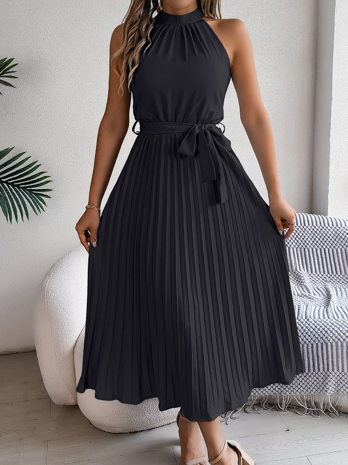 Pleated Tie Waist Sleeveless Midi Dress