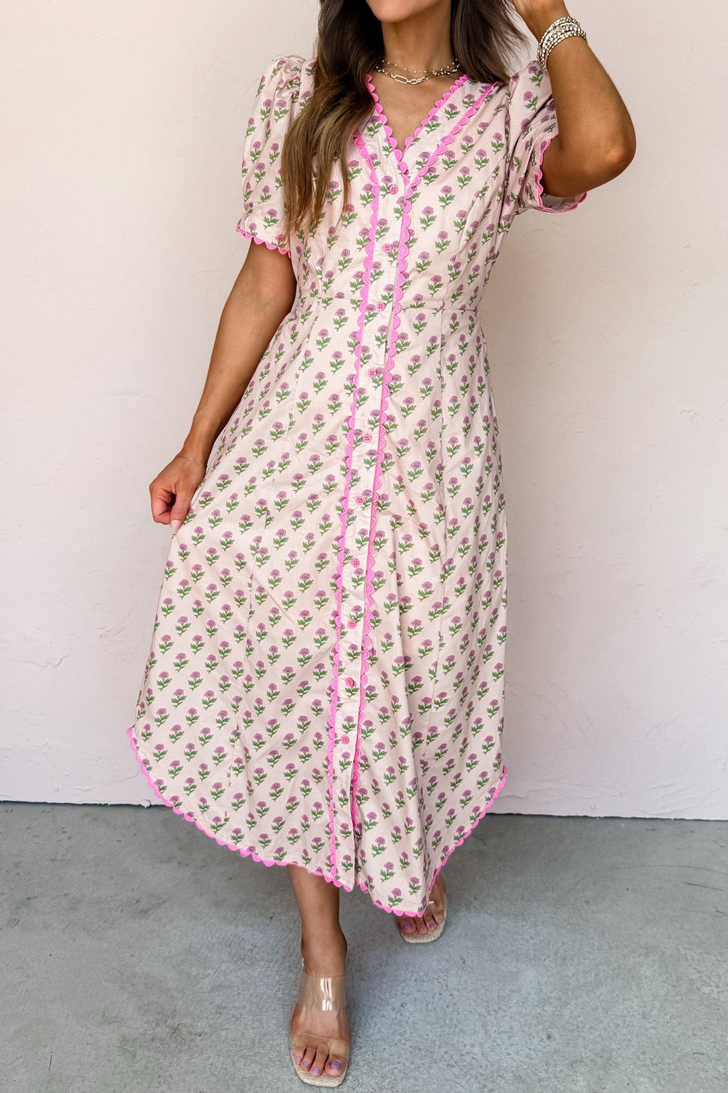Floral V-Neck Scallop-Trim Button-Front Long Dress