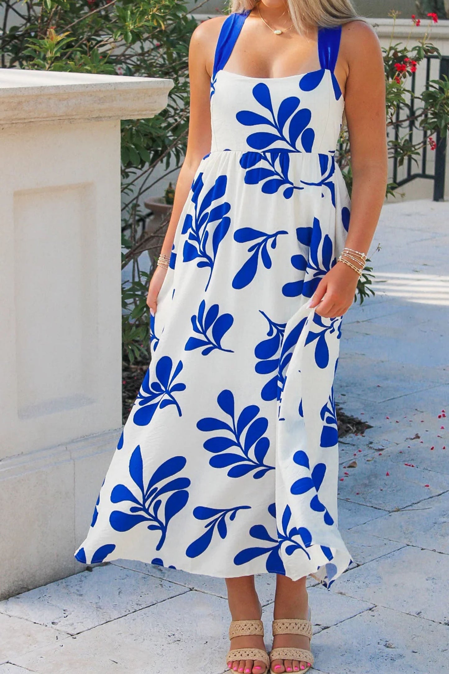 Floral Crisscross Tie-Back Sleeveless Long Dres