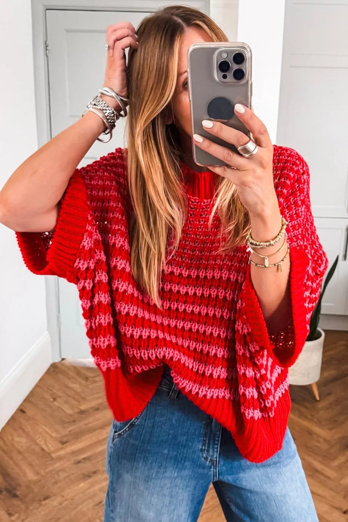 Stripe Draped 3/4 Sleeve Slouchy Sweater