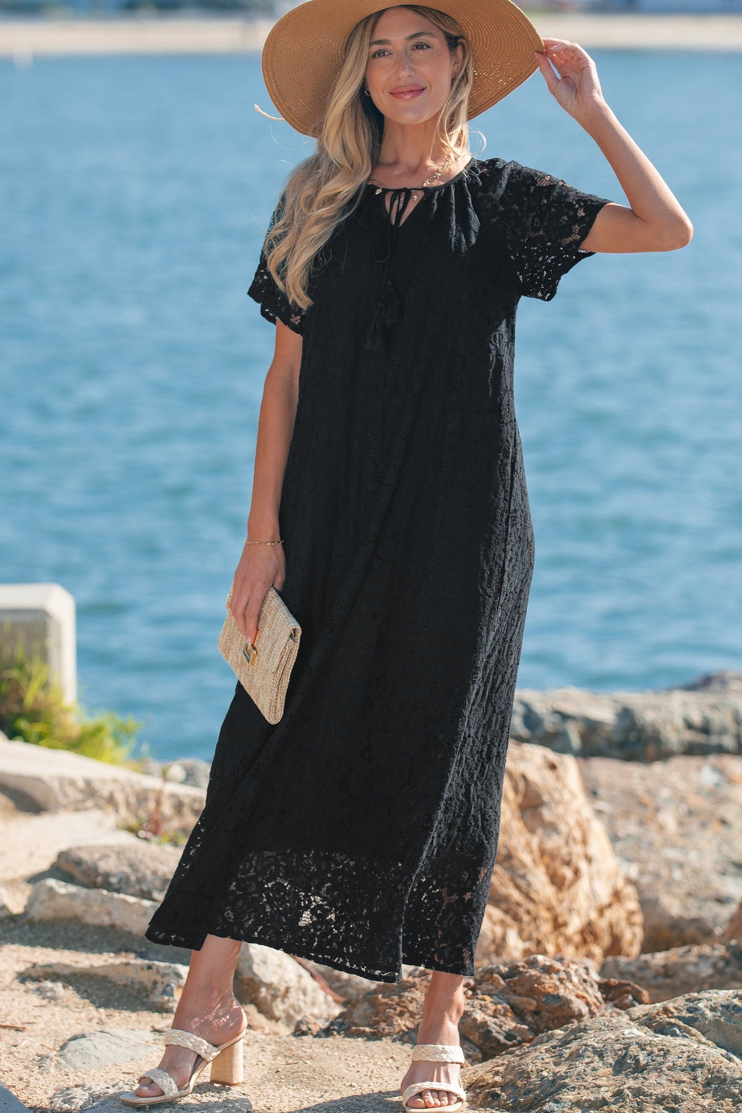 Lace Overlay Tassel Tie Short Sleeve Maxi Dress