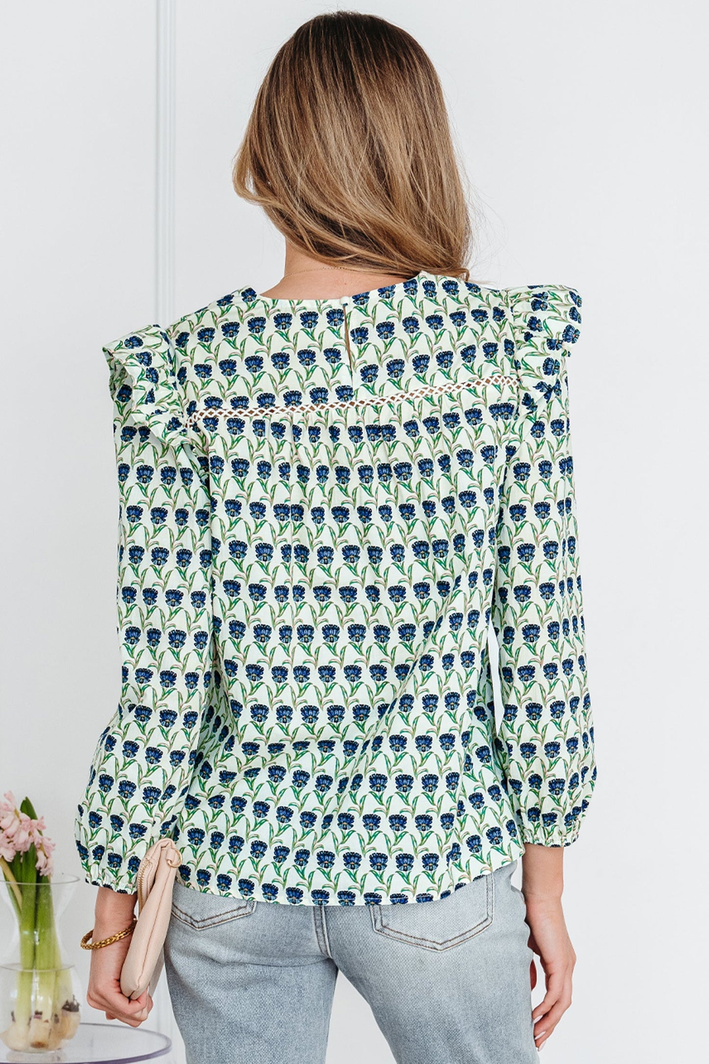 Floral Lace Trim Ruffle Long Sleeve Blouse