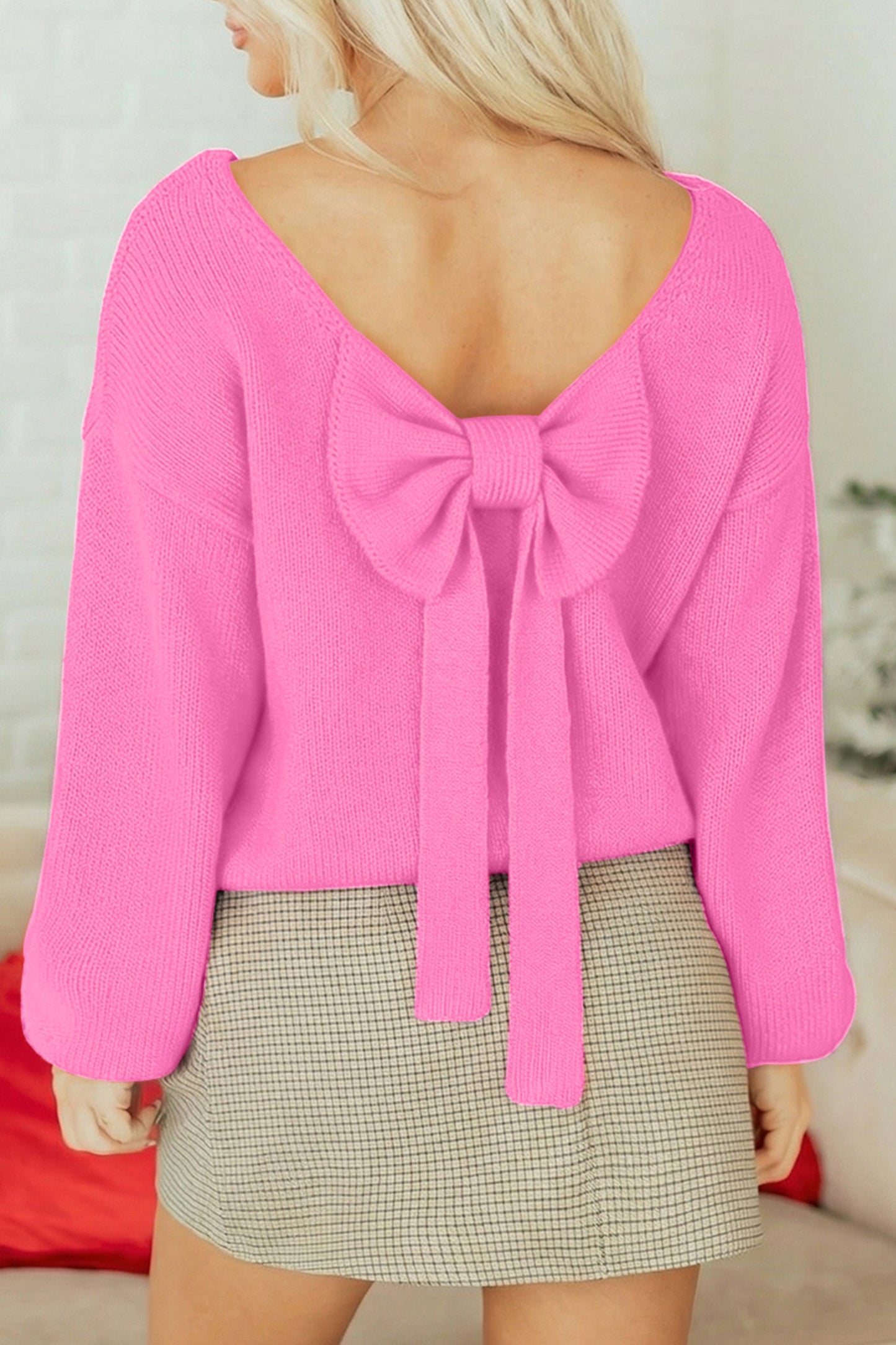Bow Tie Backless Bubble Sleeve Sweater