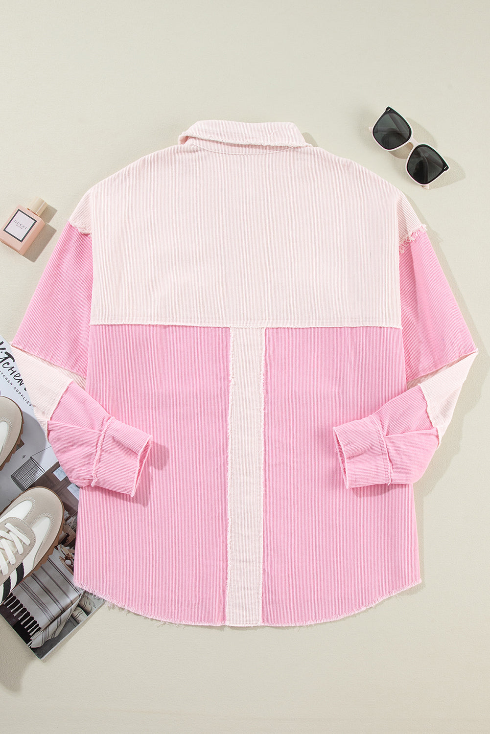 Colorblock Corduroy Reverse Seam Pocketed Shacket