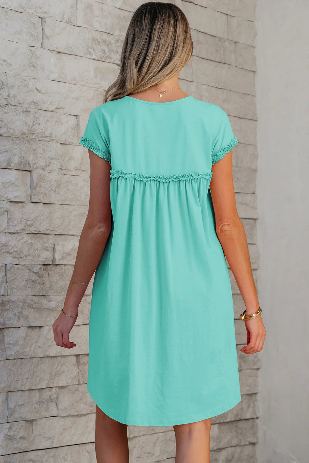Frilled Trim Crew-Neck Loose Fit Mini Dress