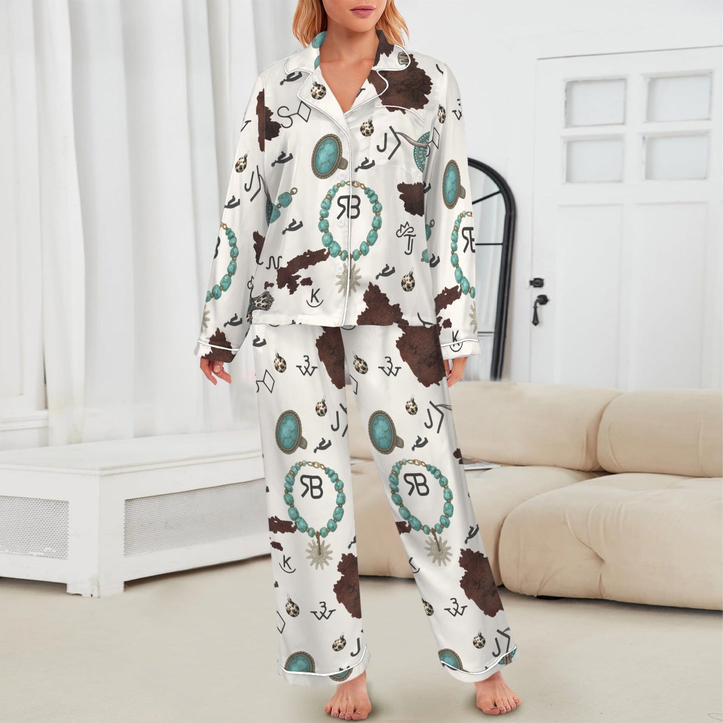 Brands & Turquoise Cowgirl Christmas Western Cowprint Satin Pajamas