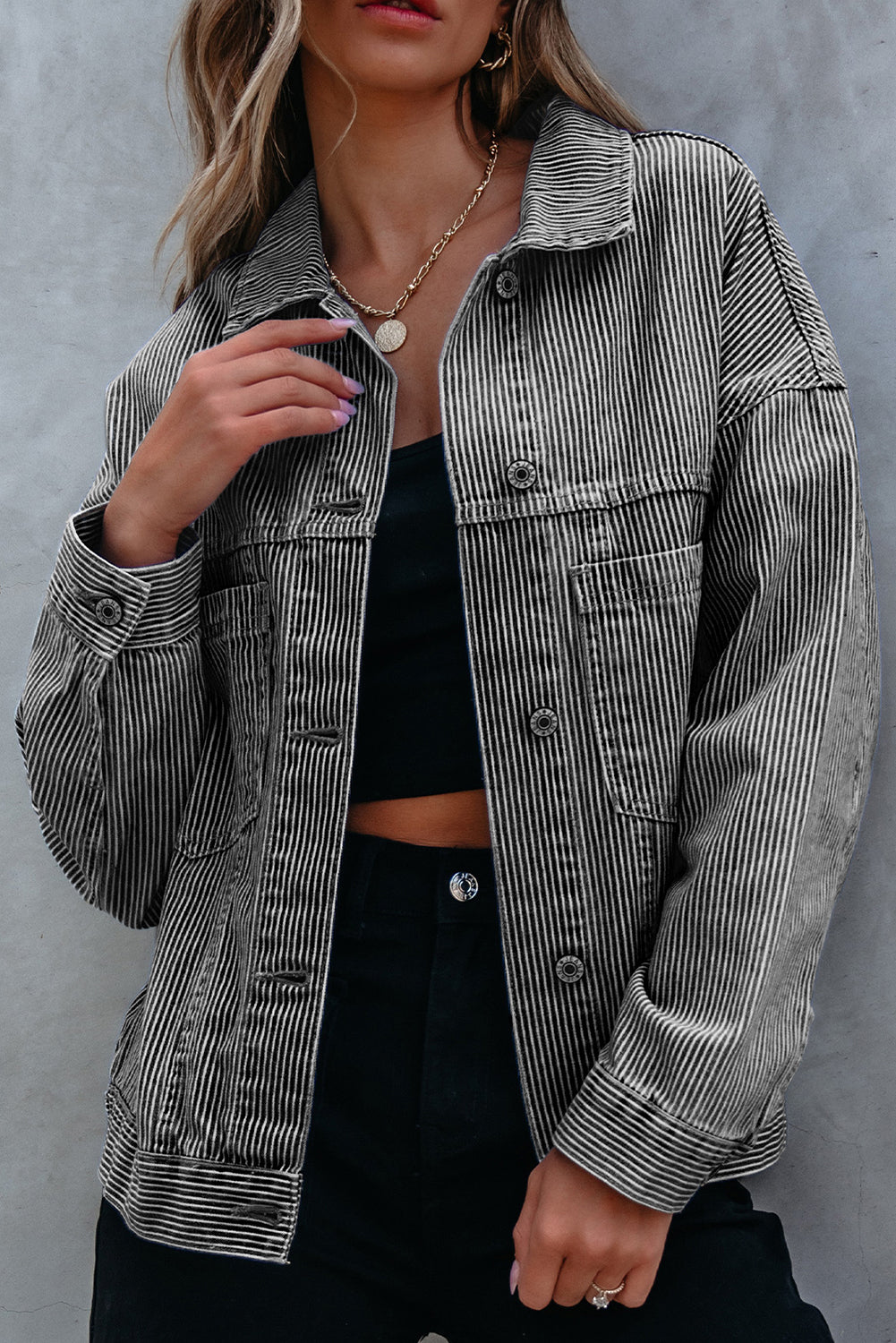 Stripe Wash Oversize Pocket Denim Jacket