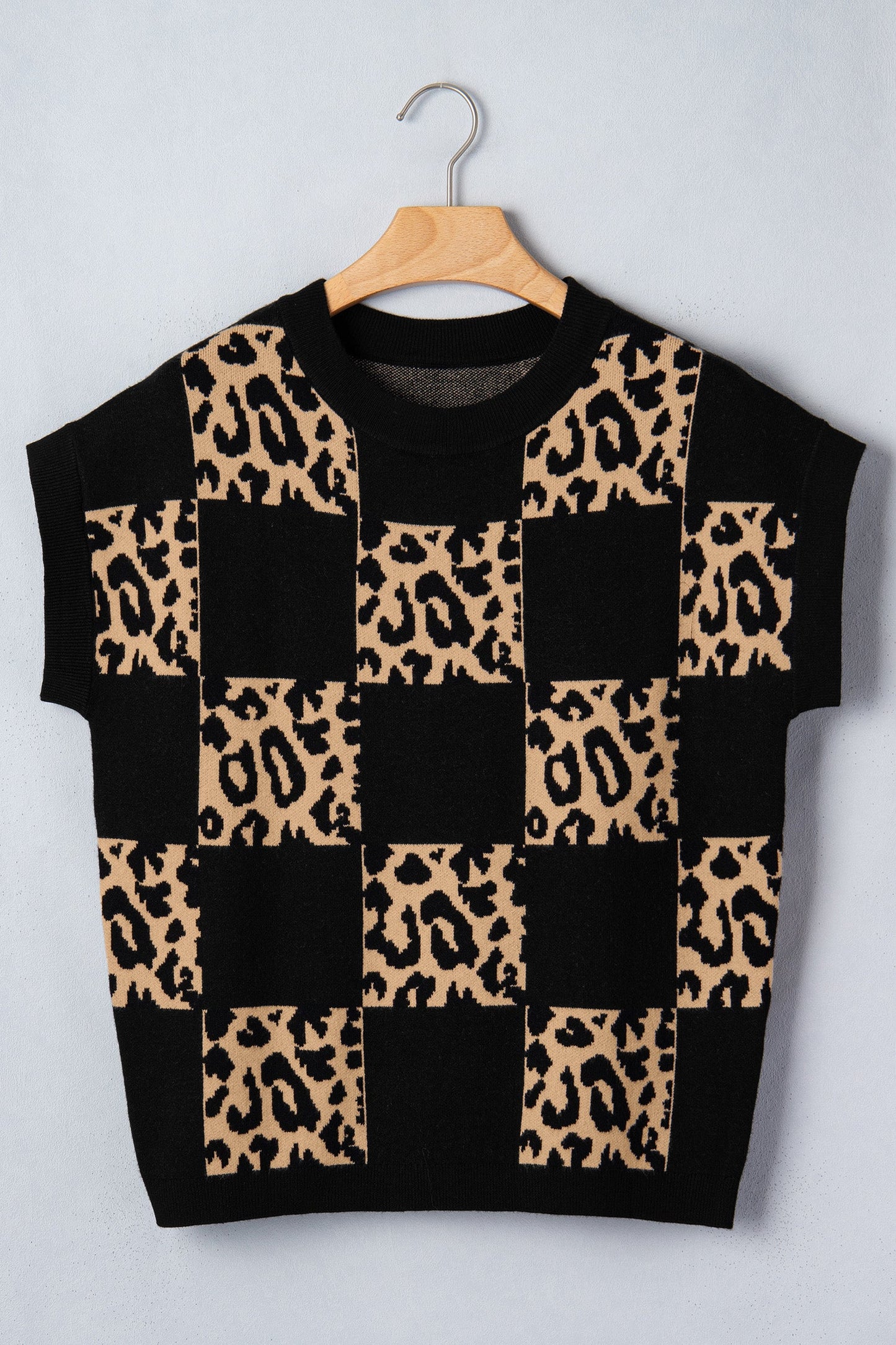 Leopard Checker Short Sleeve Knit Sweater
