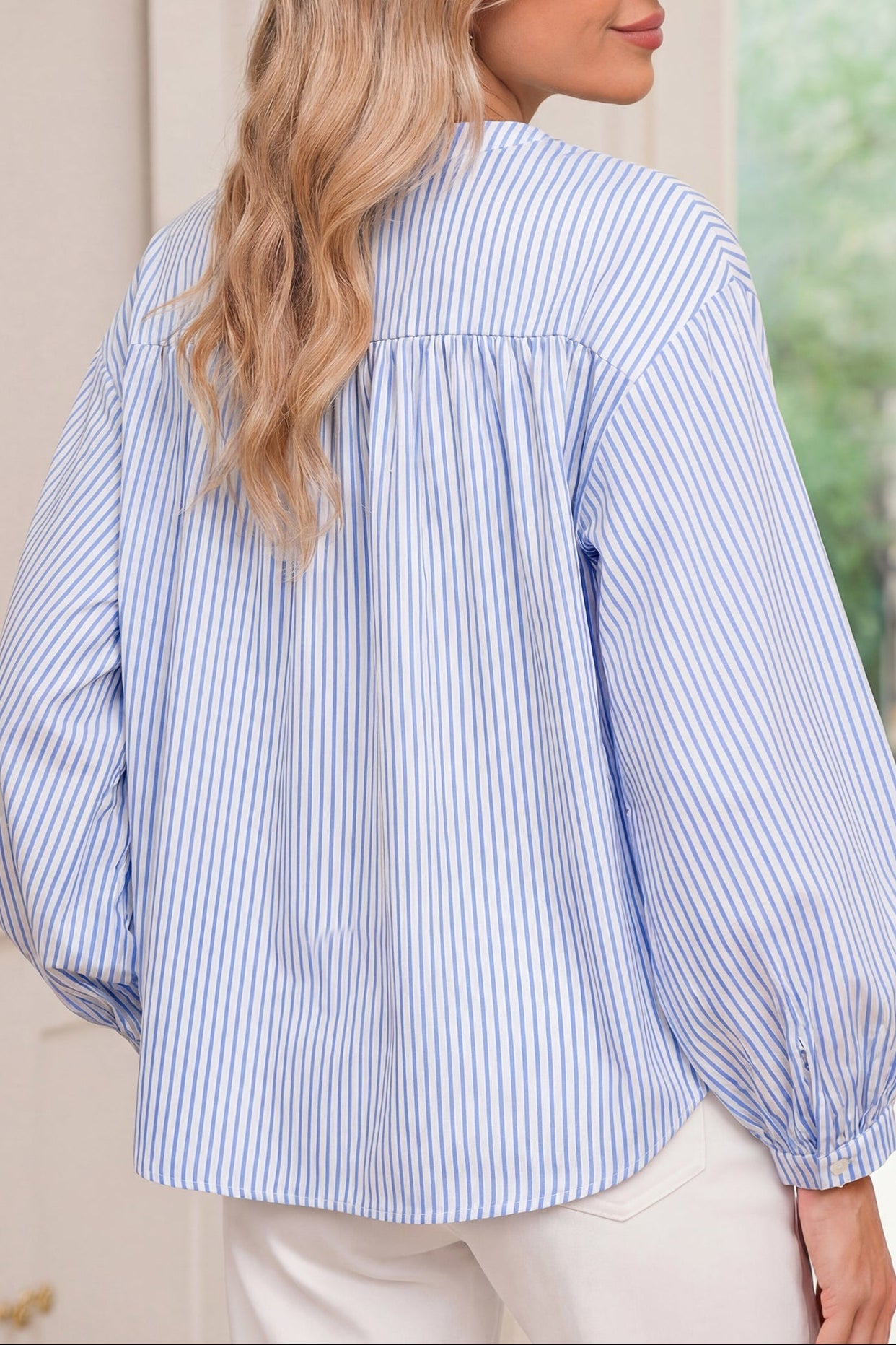 Floral Embroidered Stripe Billowy Sleeve Tunic Shirt