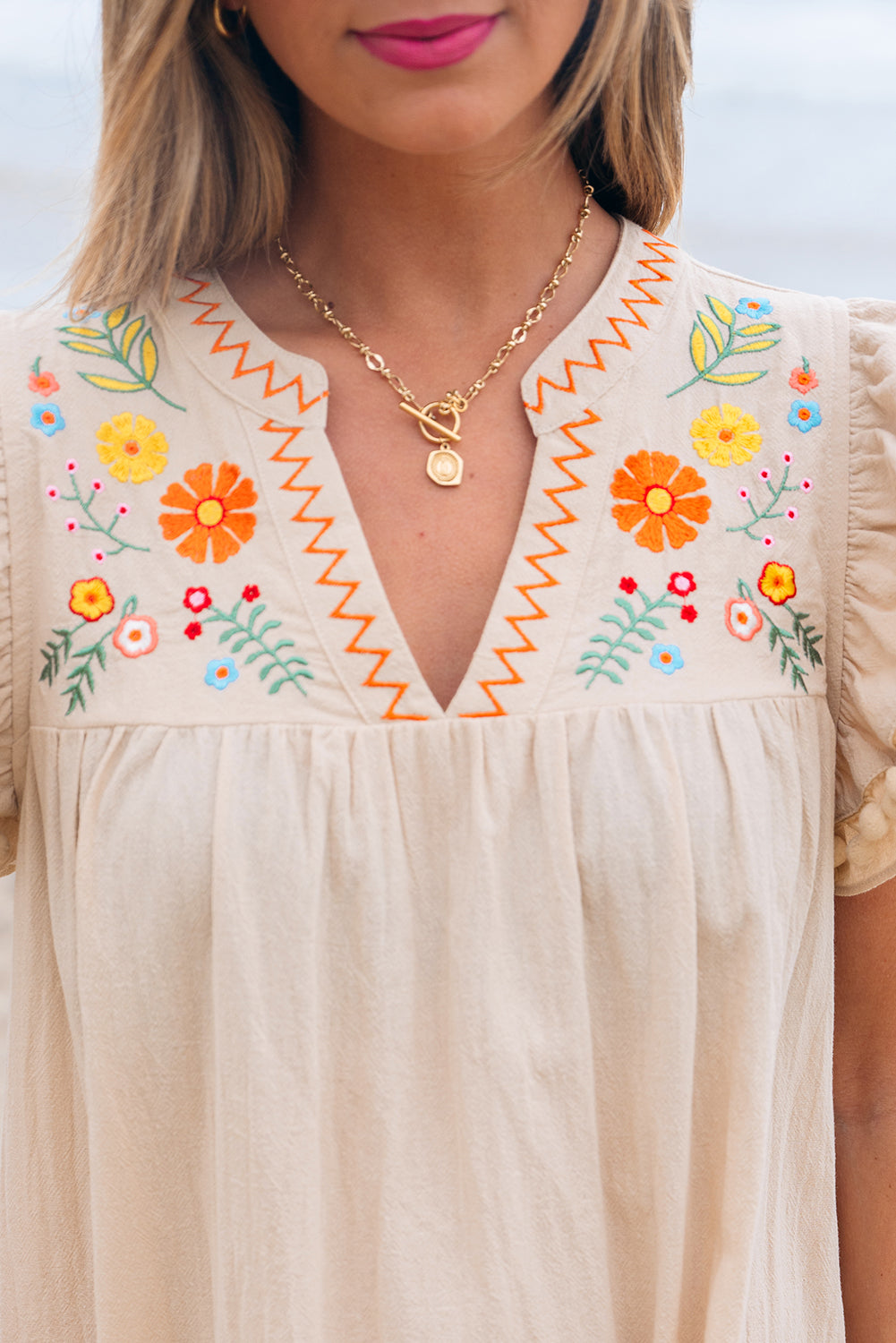 Floral Embroidered Pom Pom Ruffle Sleeve Dress