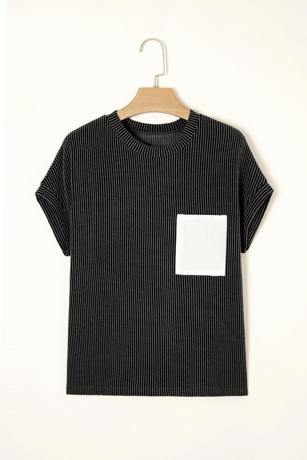 Corded Knit Colorblock Pocketed Crew Neck T-Shirt
