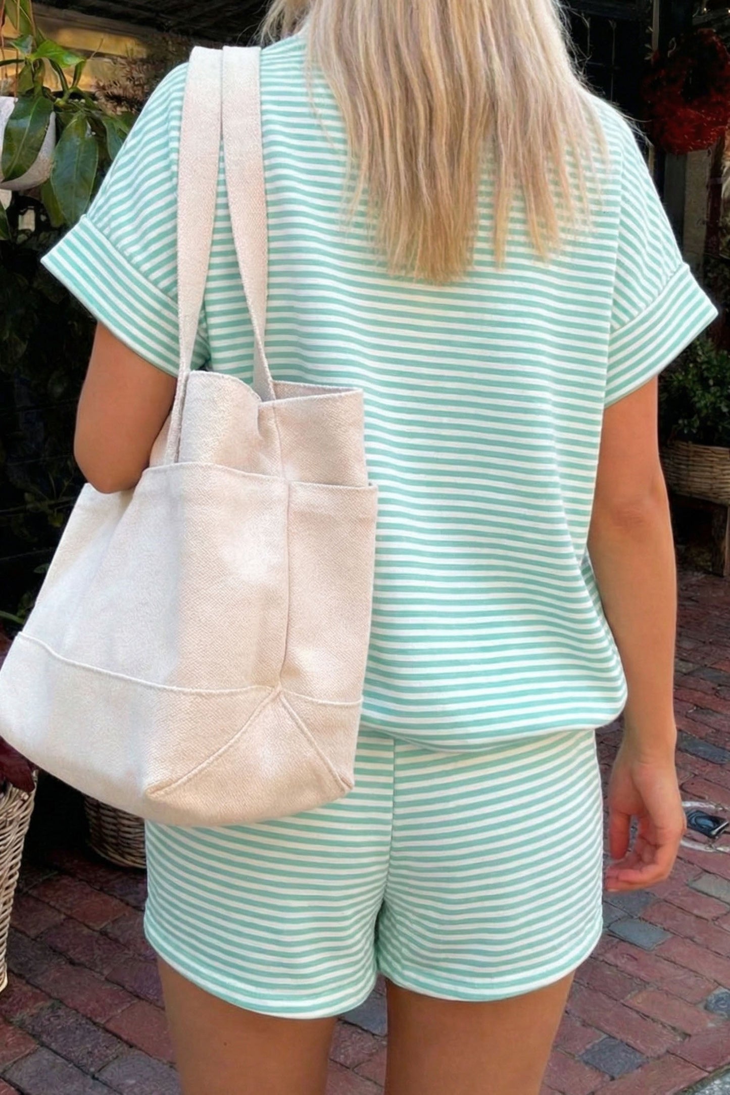 Stripe Contrast Mock Neck Tee & Shorts Set