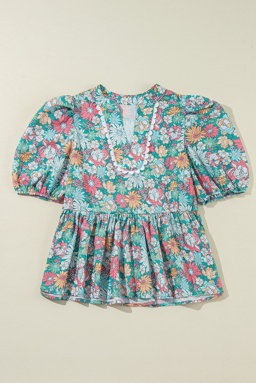 Floral Notched Neck Puff Short Sleeve Blouse