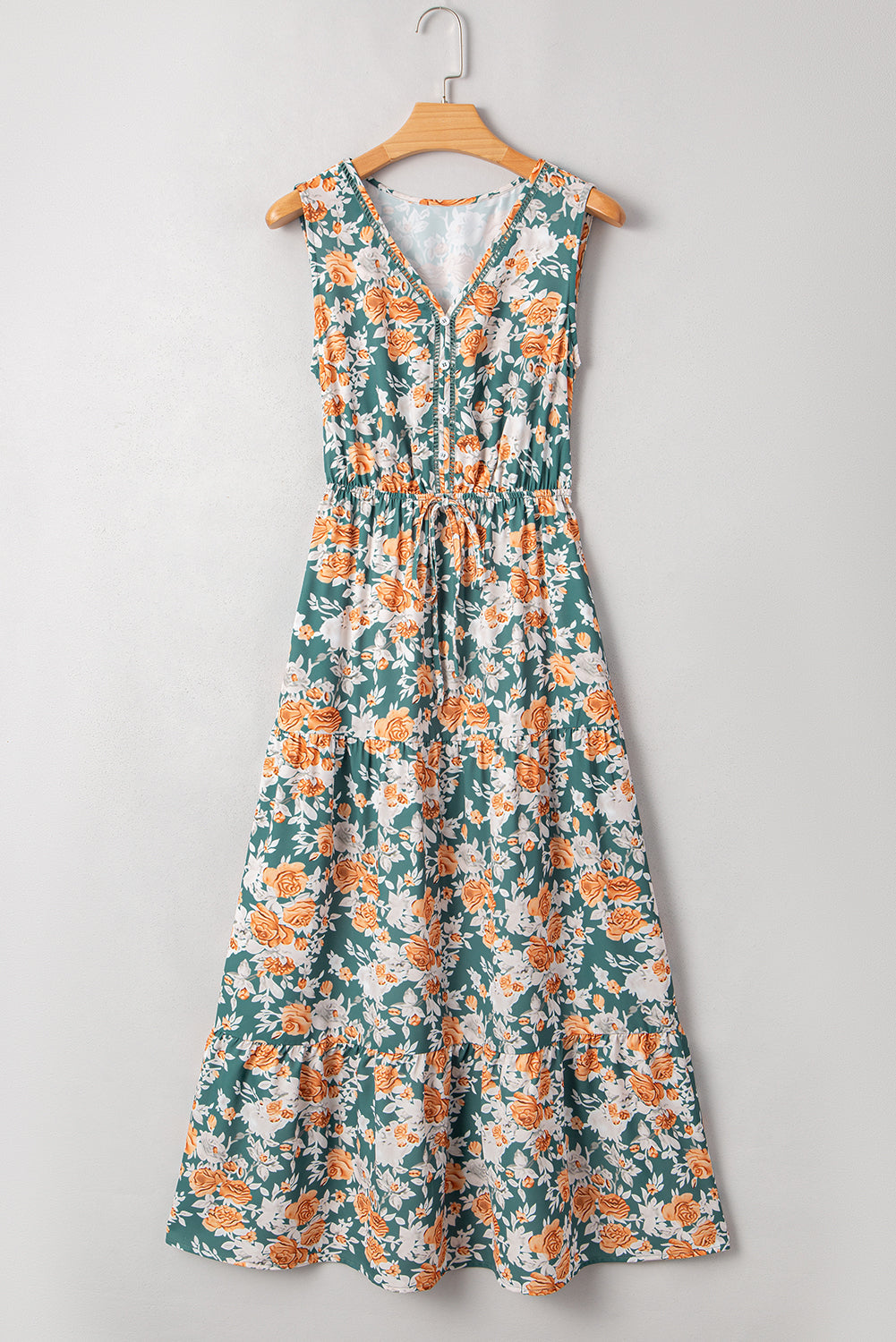 Floral Buttoned V-Neck Tie Waist Maxi Dress