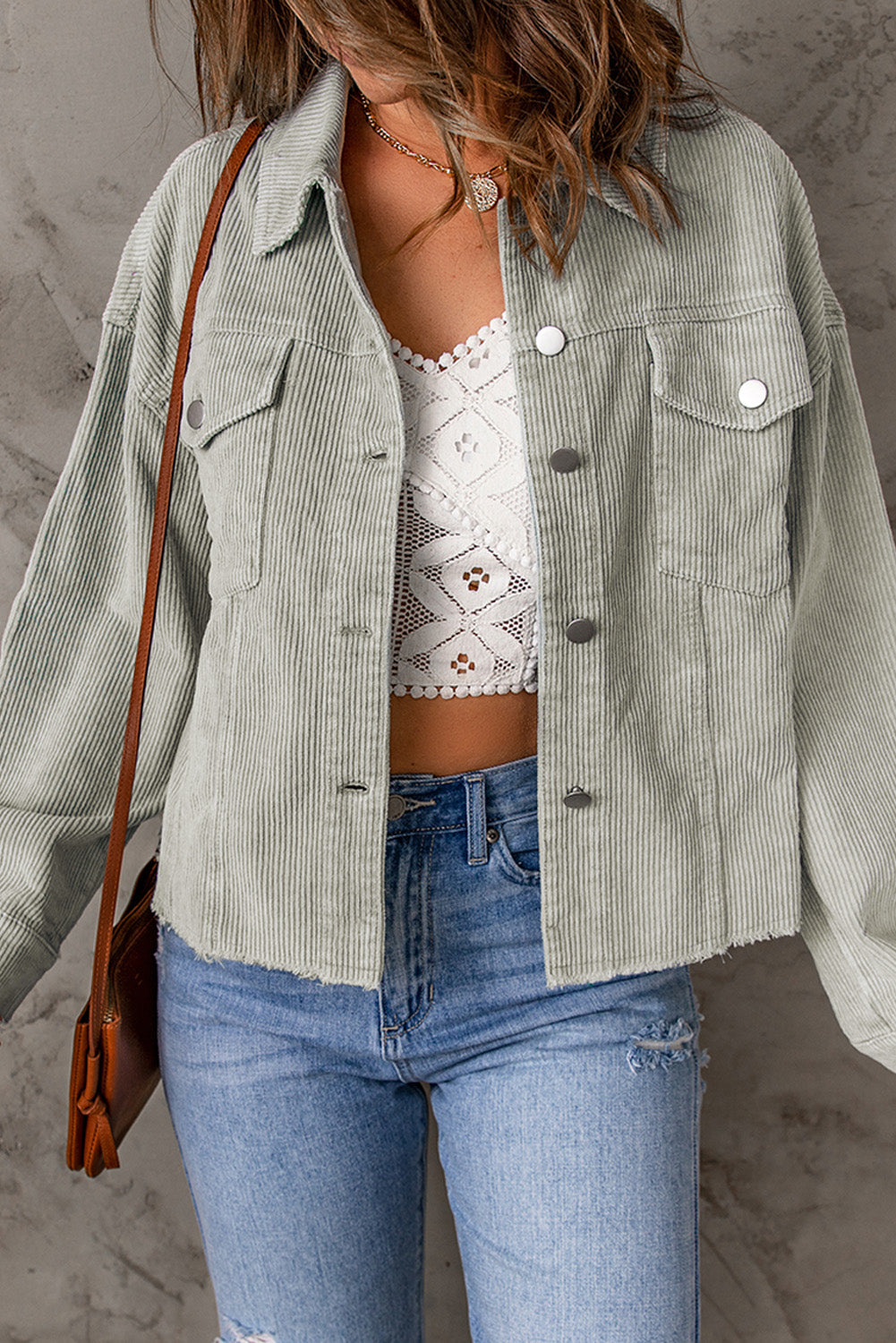 Solid Corduroy Raw Hem Cropped Jacket