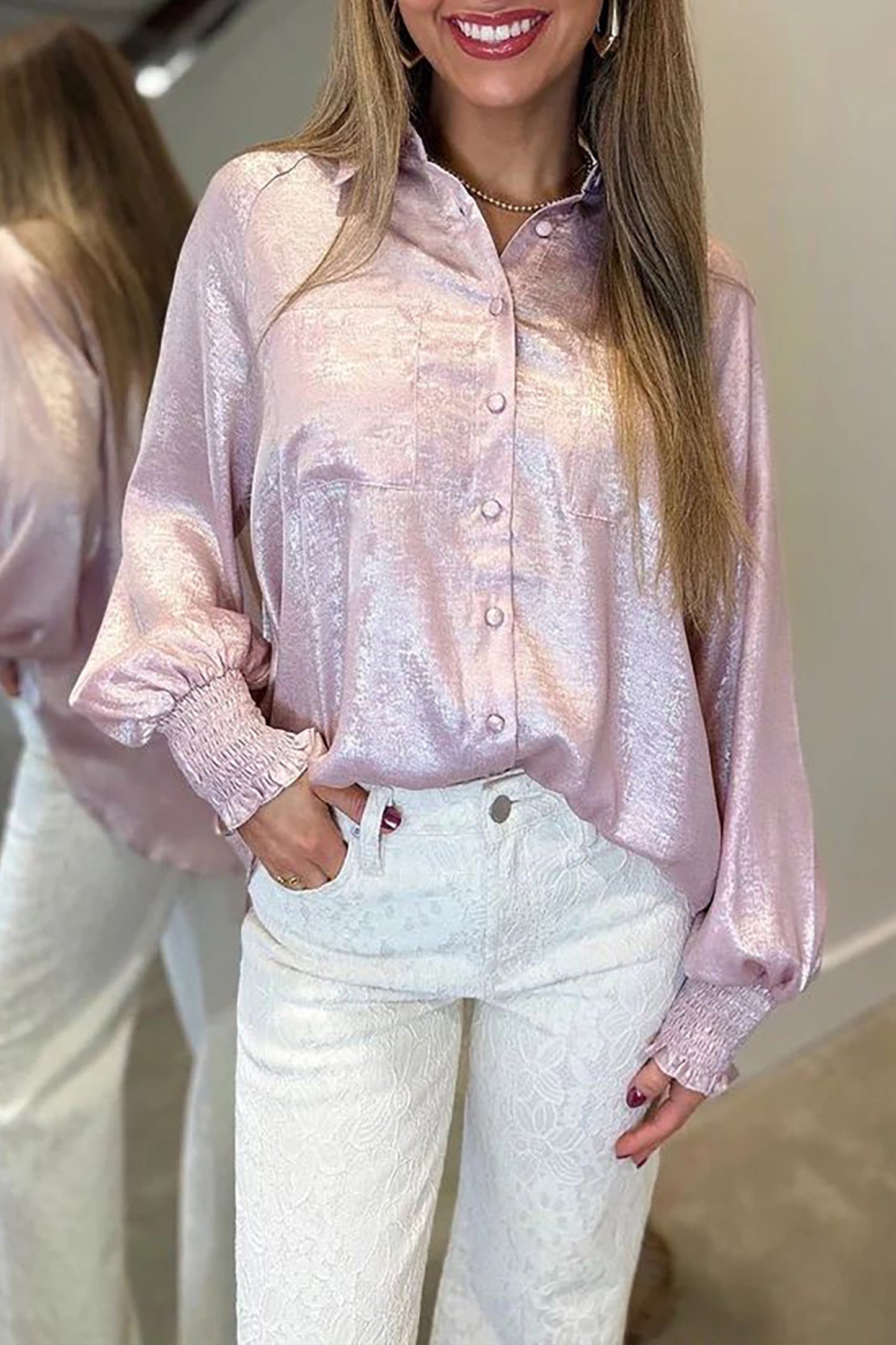 Ruffle Cuff Button Front Back Paneling Long Sleeve Shirt