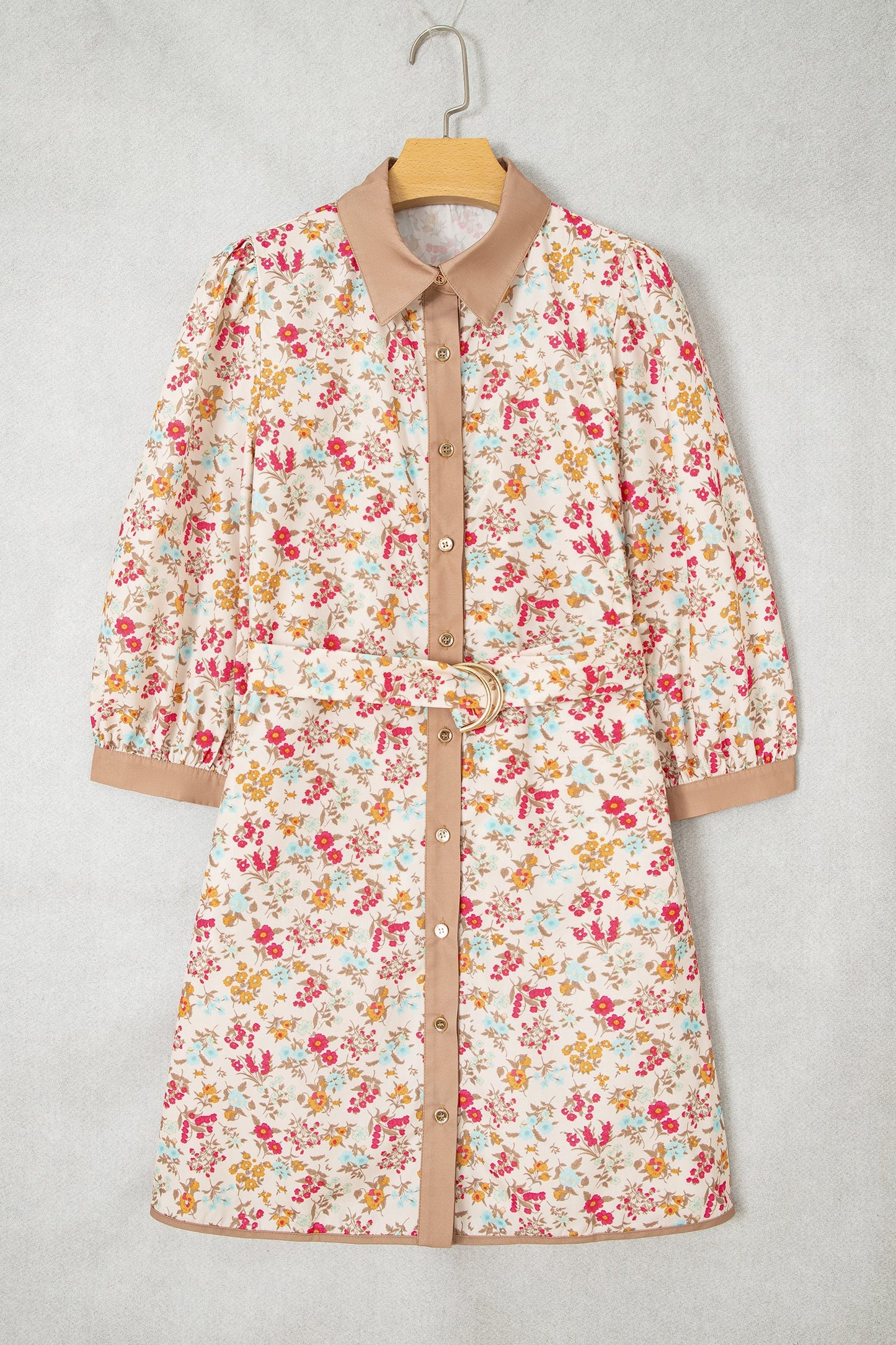 Floral Button Down Belted 3/4 Sleeve Mini Dress
