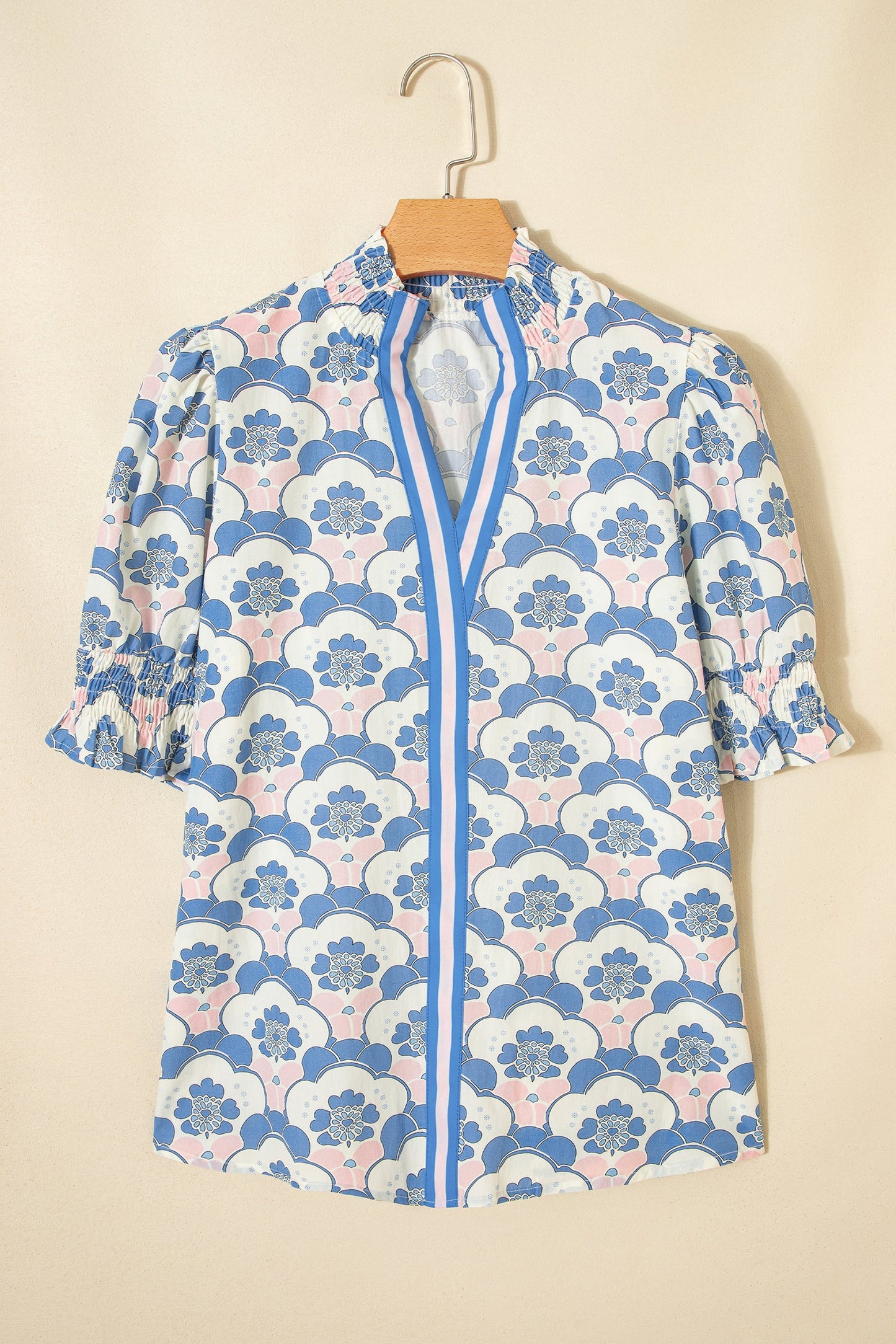 Floral V-Neck Flounced Short Sleeve Blouse