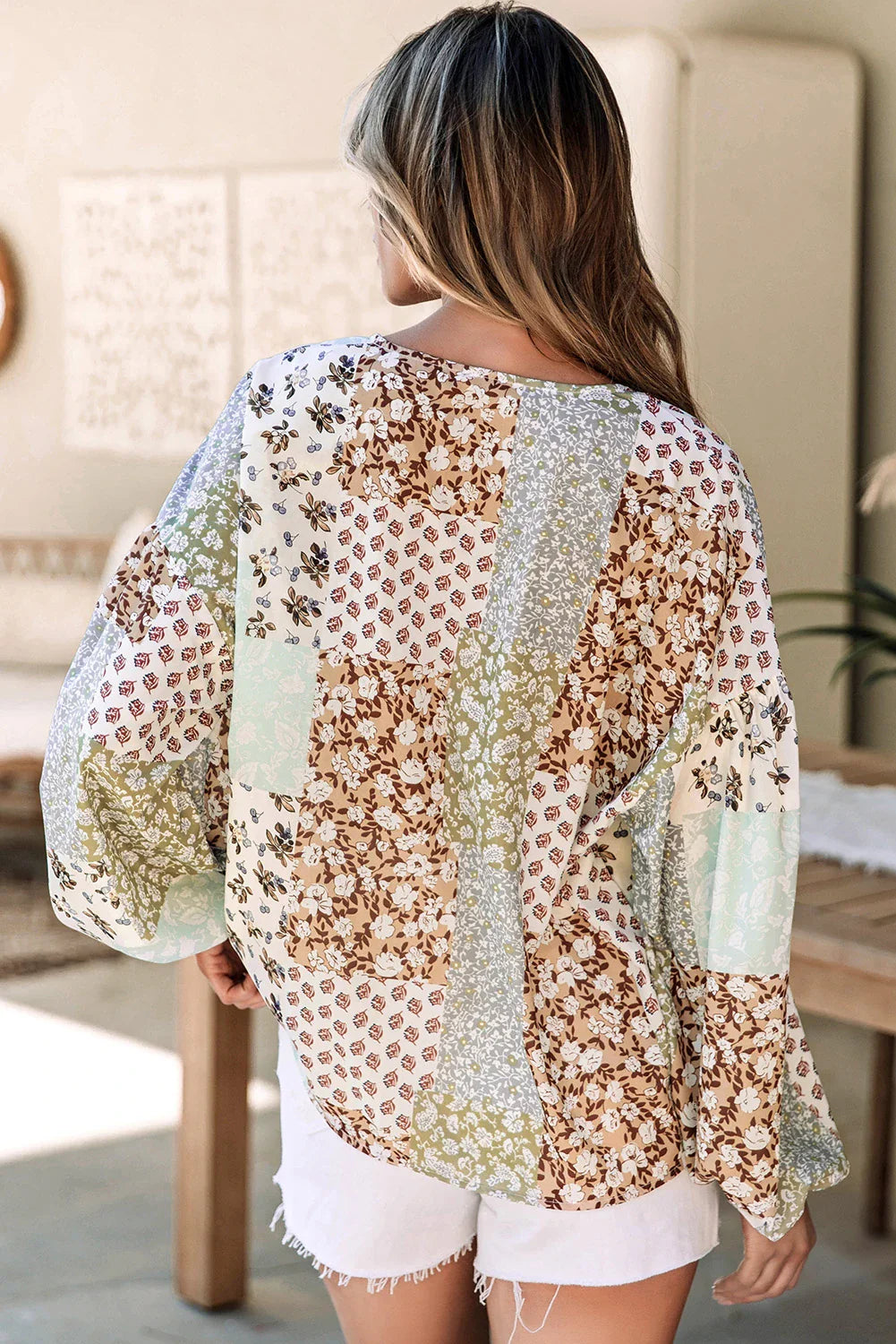 Floral Patchwork Long Puff Sleeve Shirt