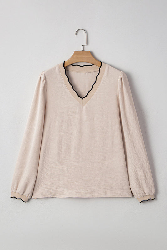 Contrast Trim Scallop V-Neck Long Sleeve Blouse