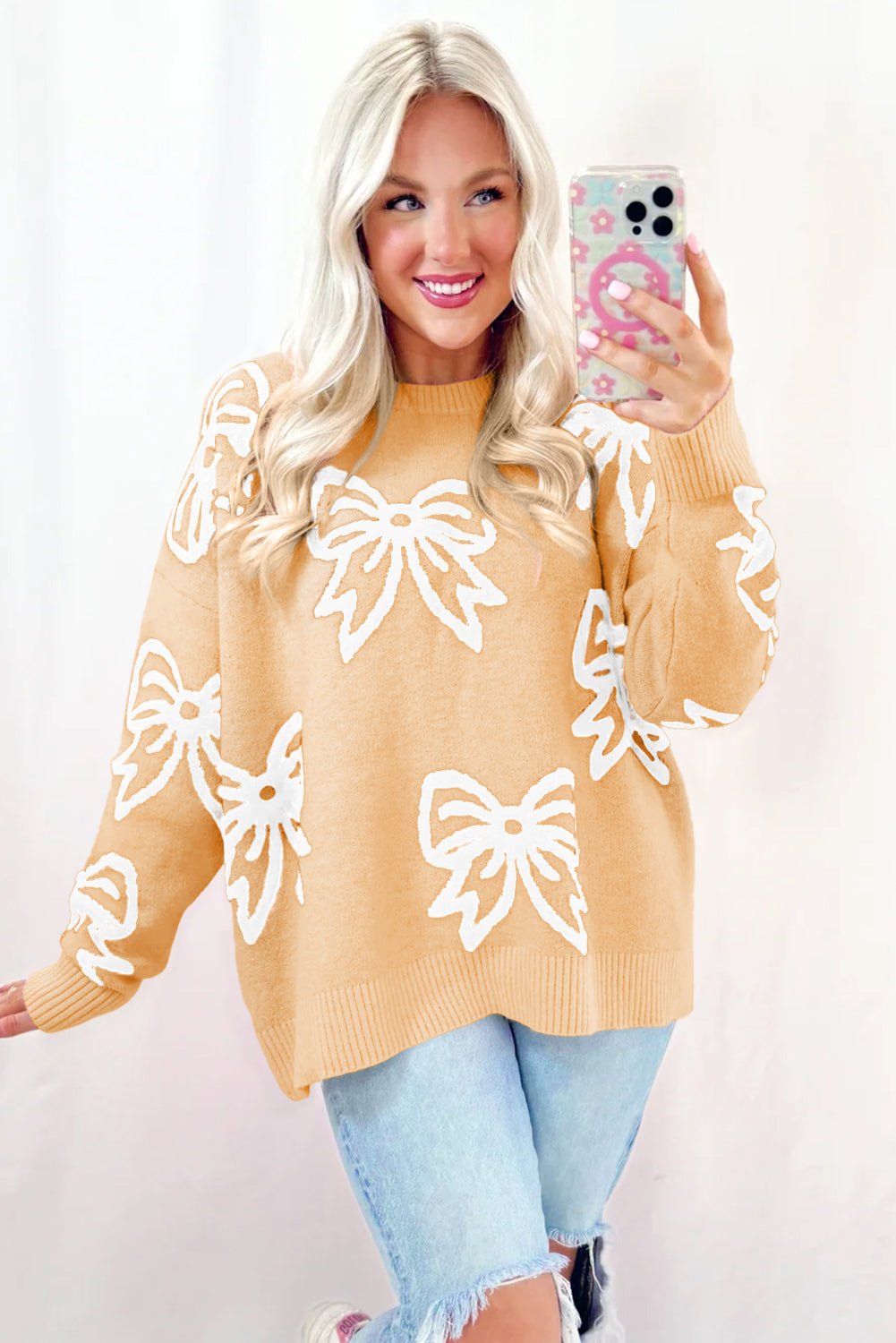 Bow Drop Shoulder Long Sleeve Sweater