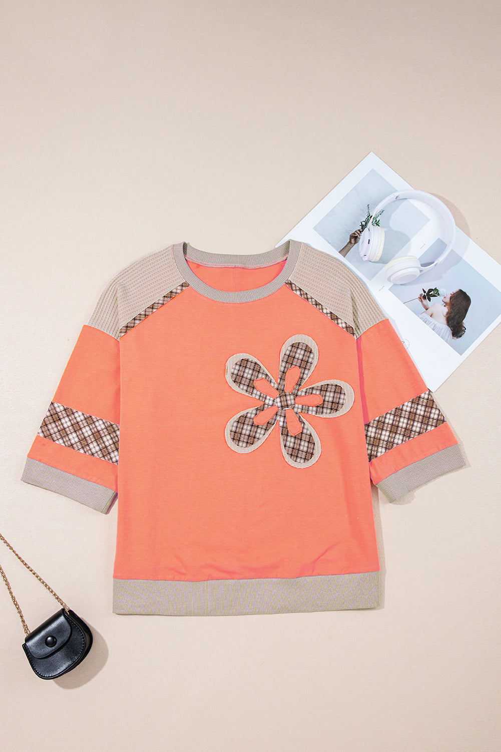 Plaid Flower Waffle Knit Patchwork 3/4 Sleeve Top