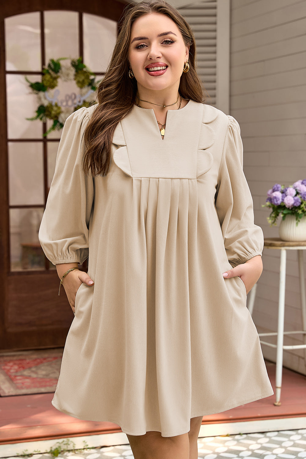 Plus Size Corduroy Scallop Notched Neck Mini Dress