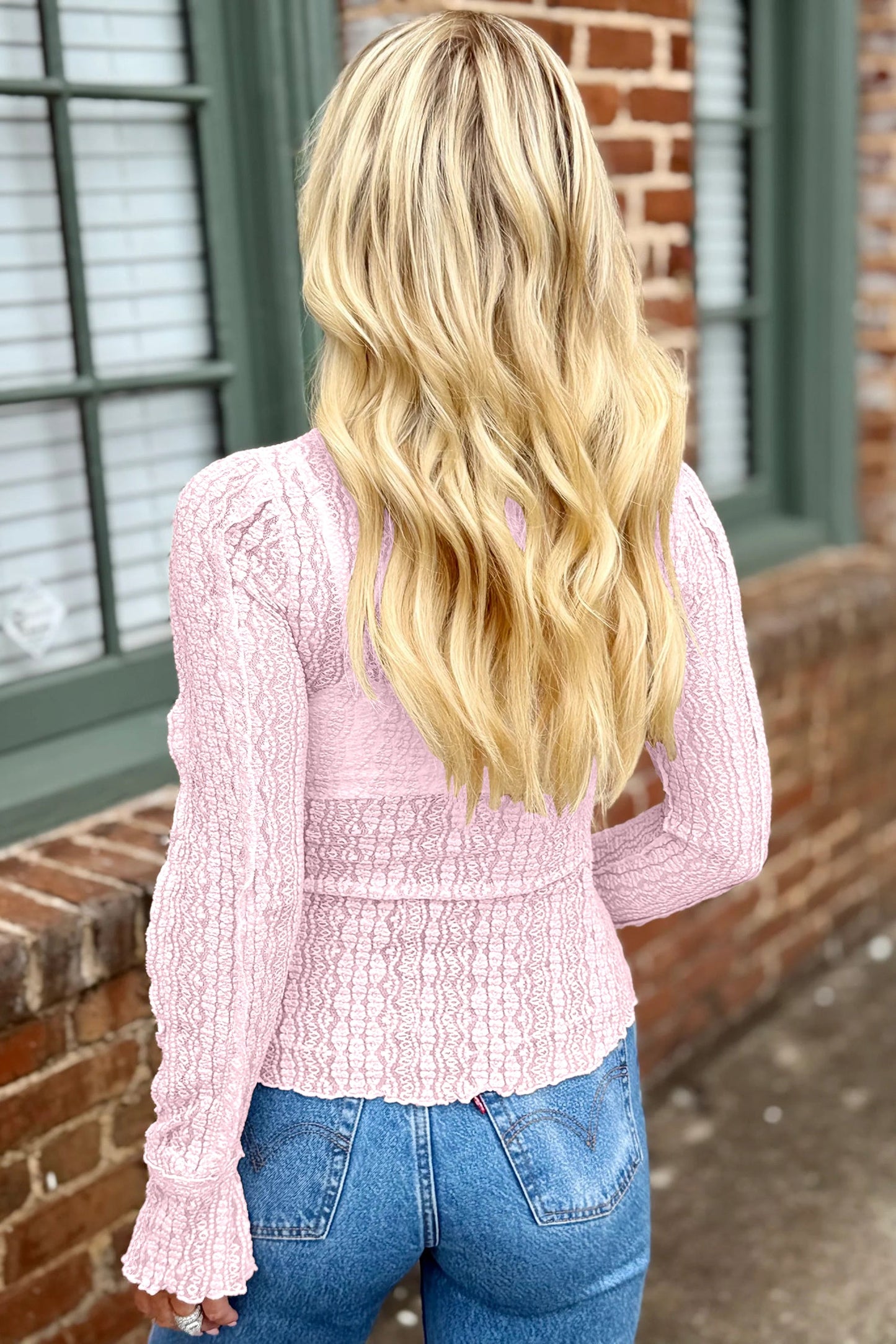 Lace Mock Neck Flounce Long Sleeve Top